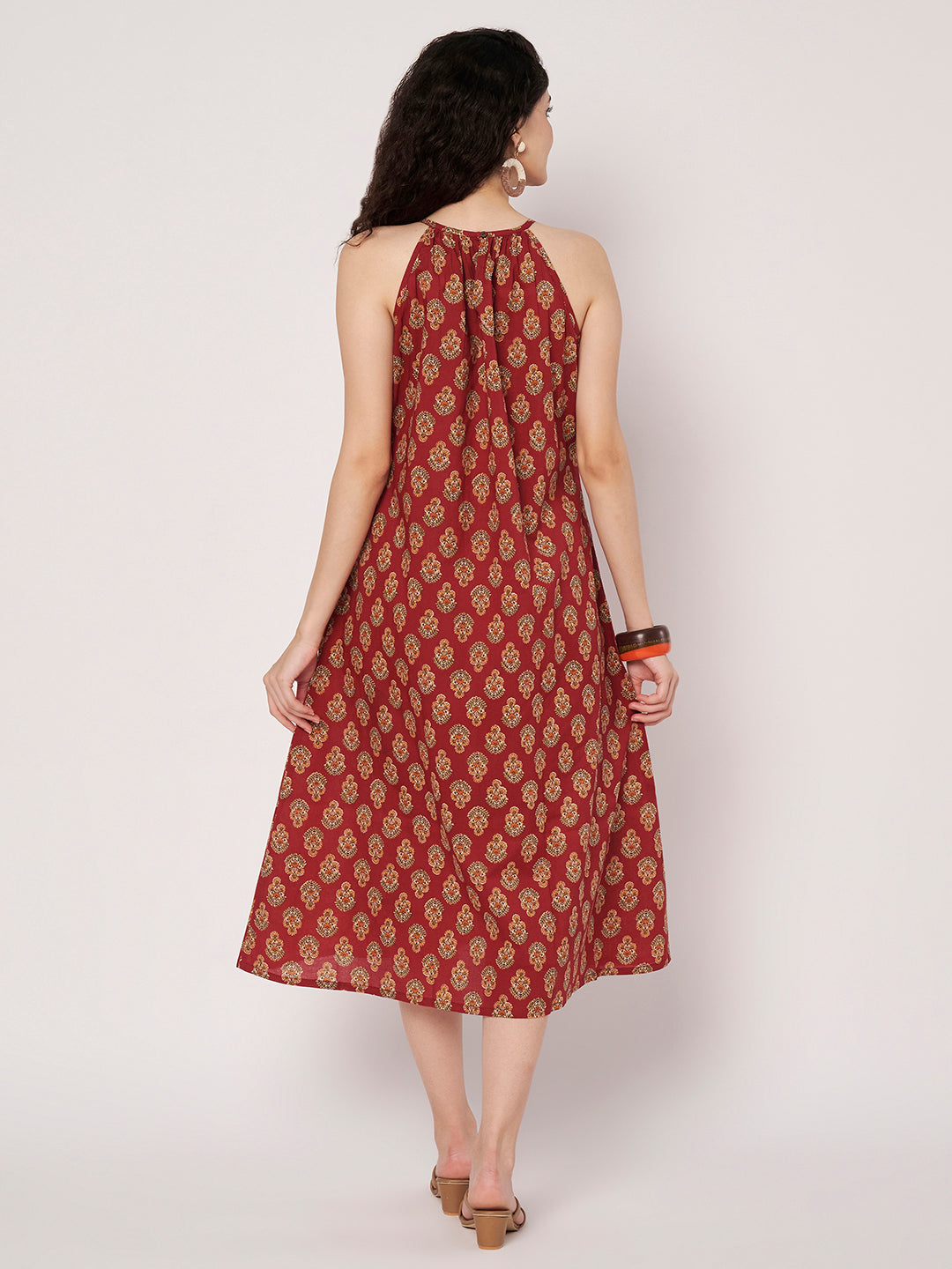 Maroon Printed Sleeveless A-Line Cotton Dress
