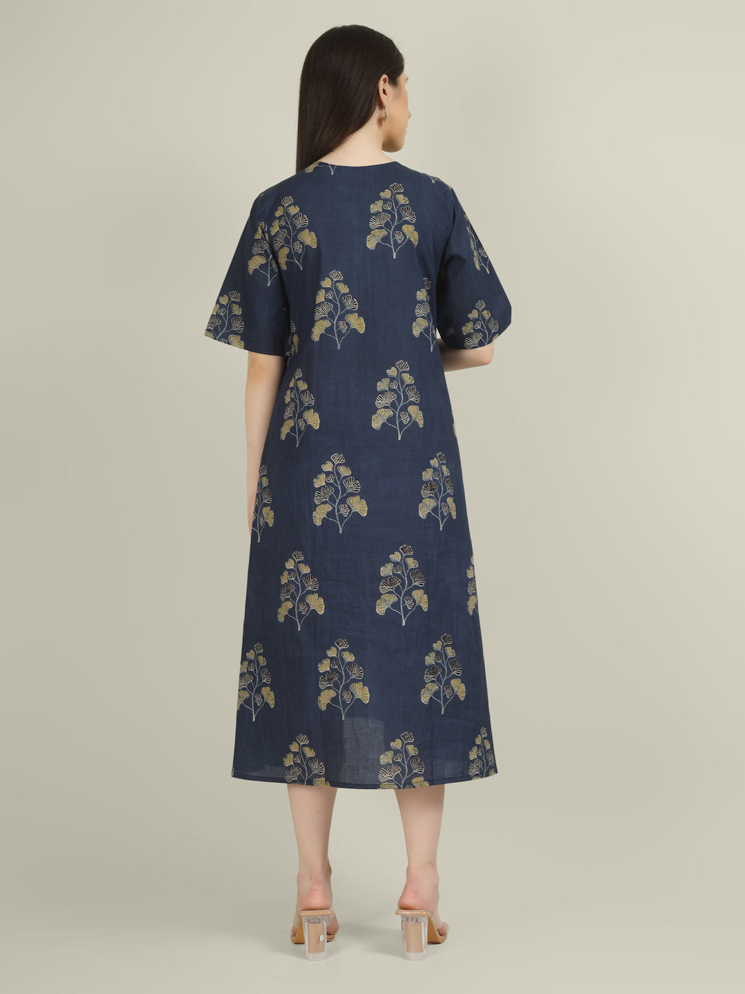 Blue Printed Half-Sleeve A-Line Cotton Dress