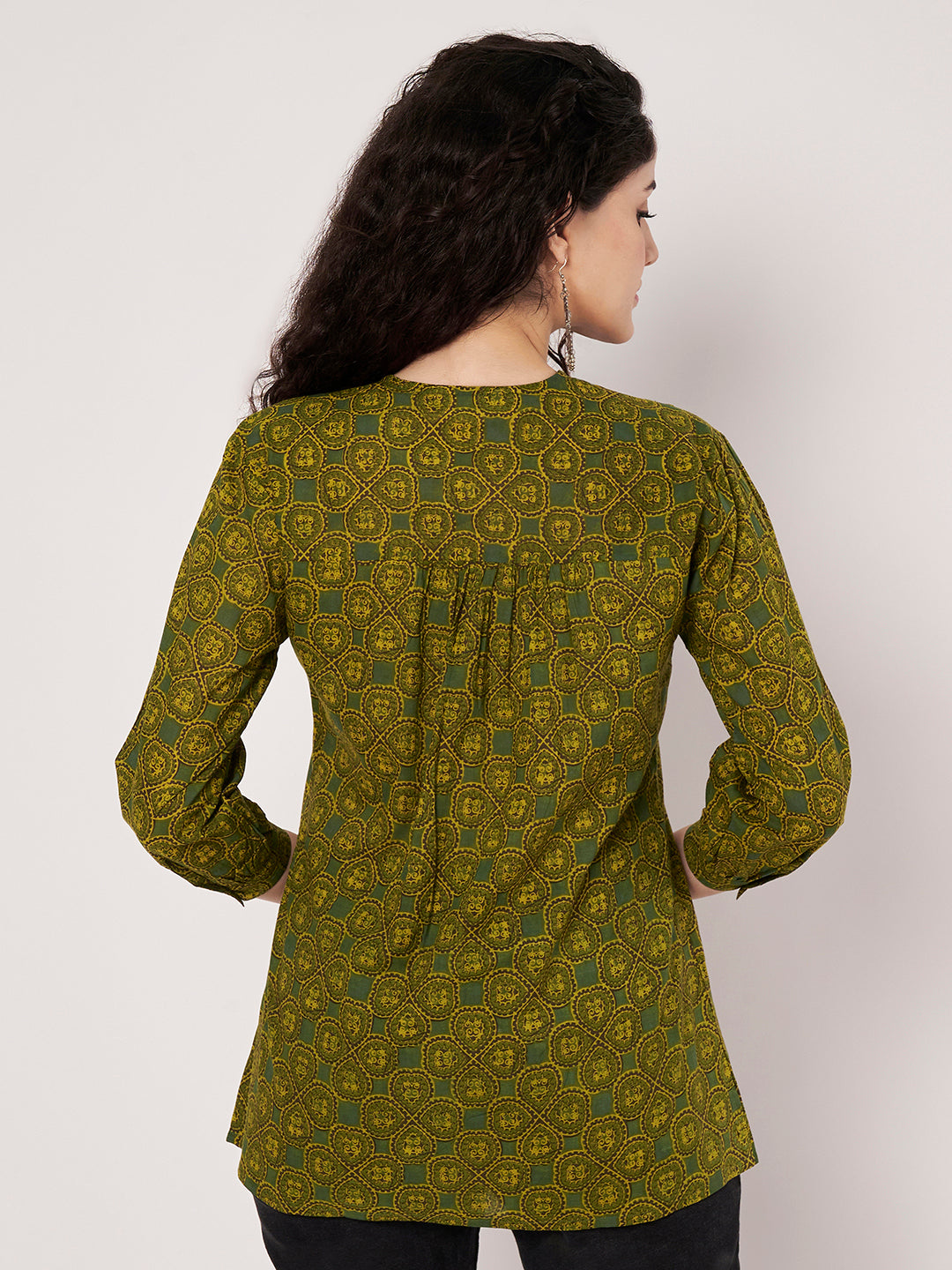 Green Printed V-Neck Cotton Top