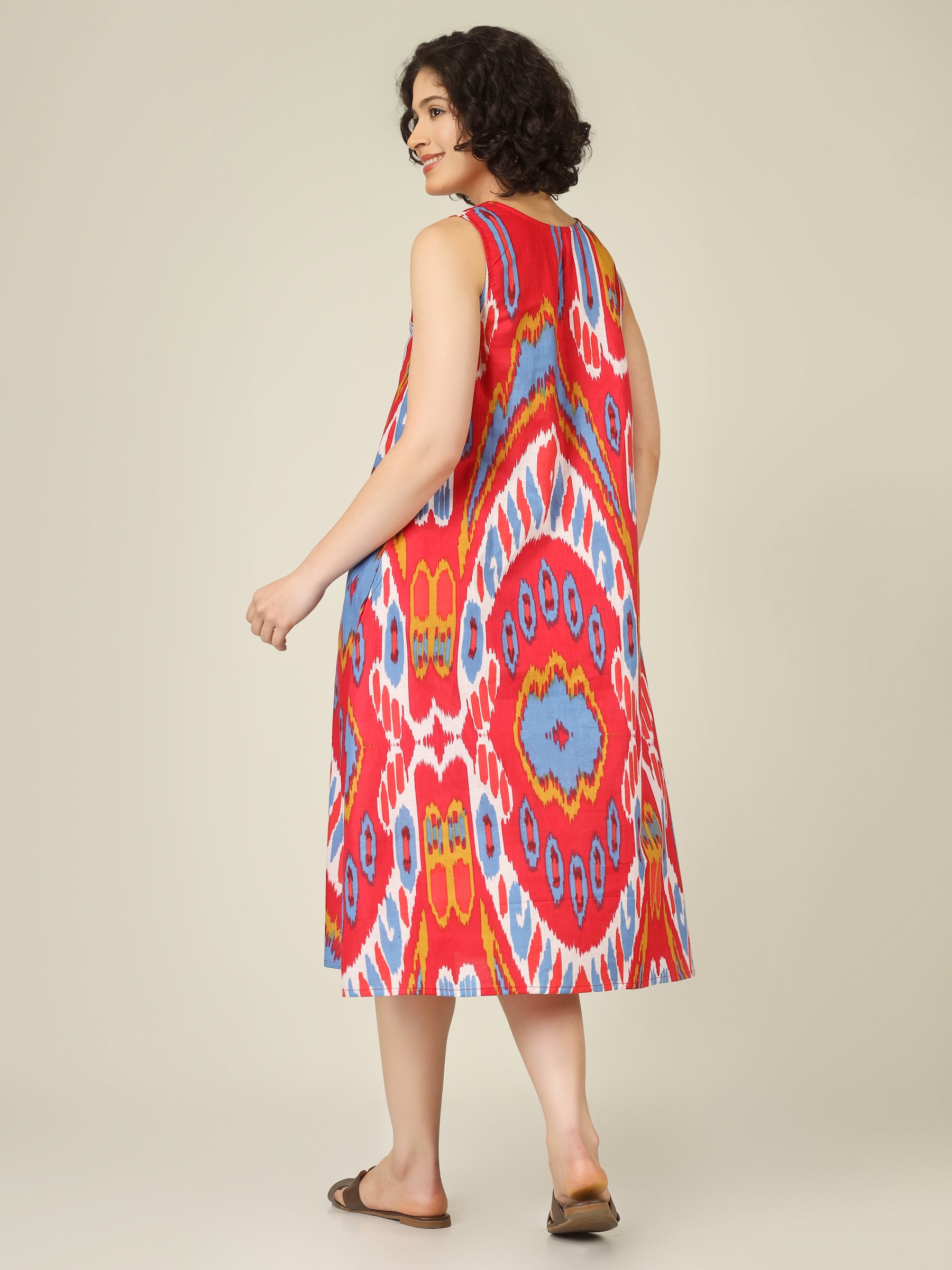 Red Printed V-Neck Sleeveless A-Line Cotton Dress