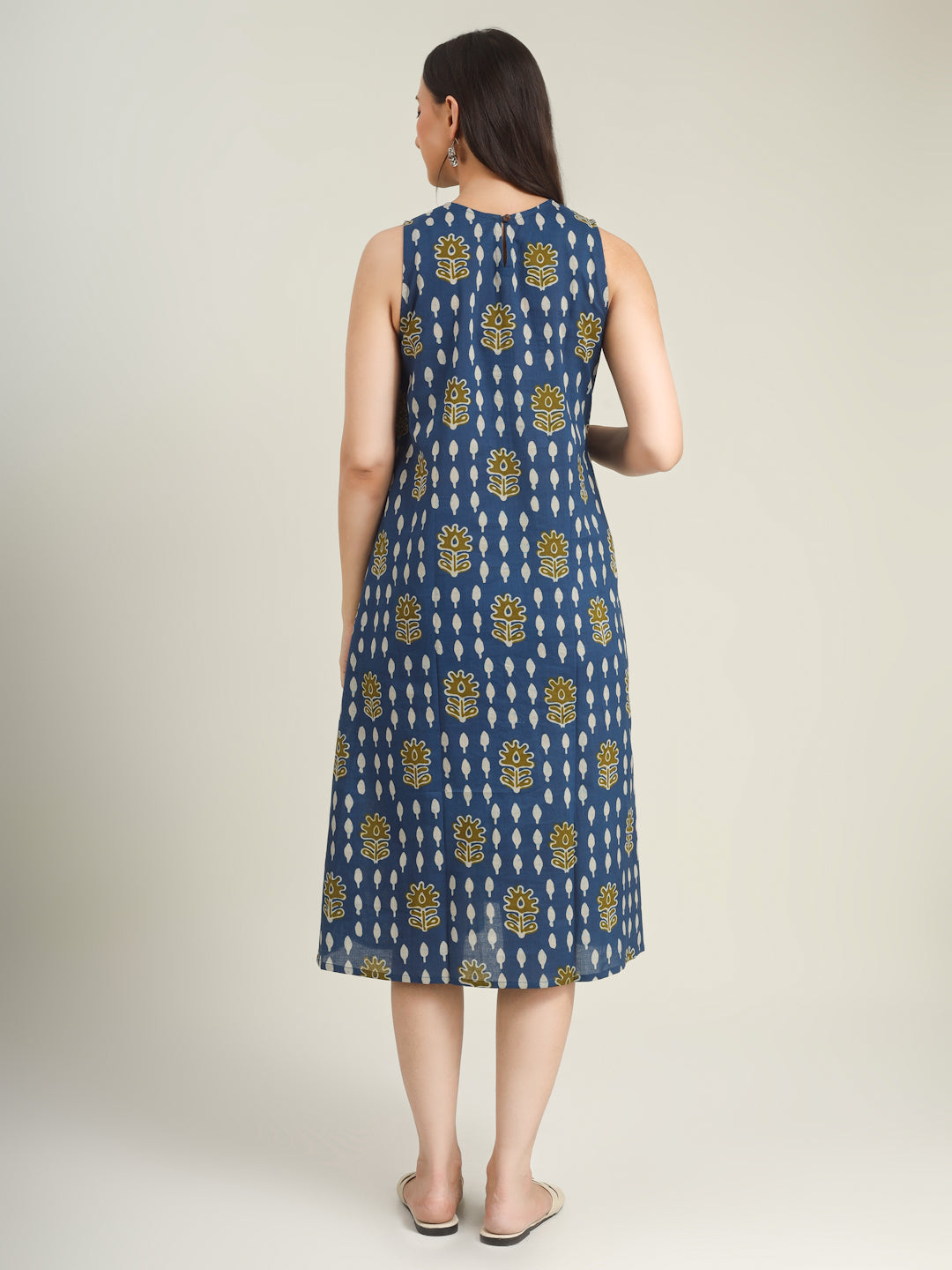 Blue Printed Sleeveless A-Line Cotton Dress