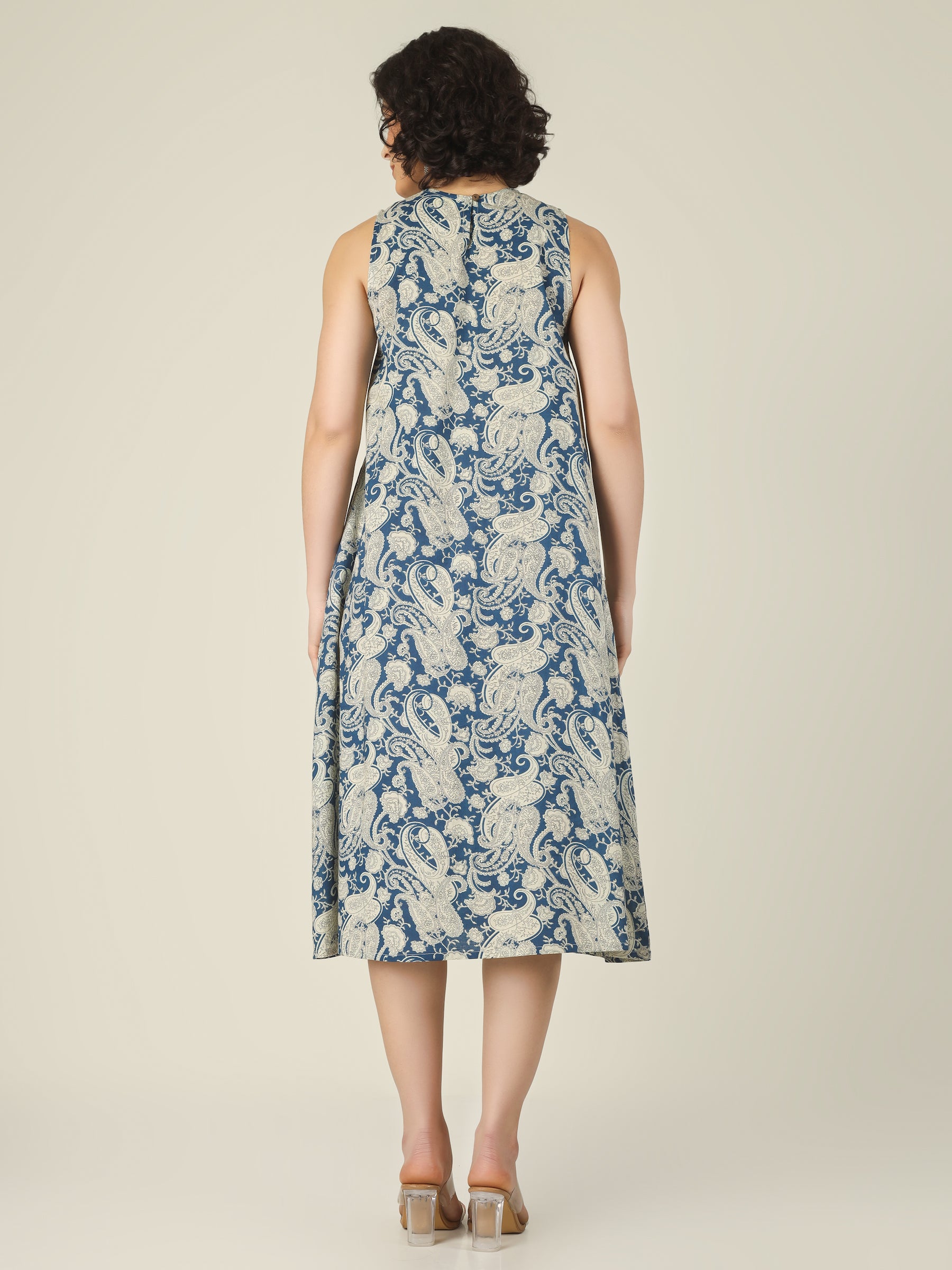Blue Printed Sleeveless A-Line Cotton Dress
