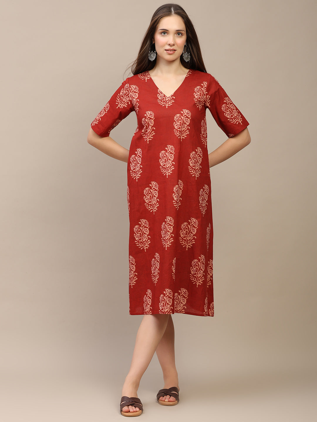 Red Printed Half-Sleeve A-Line Cotton Dress