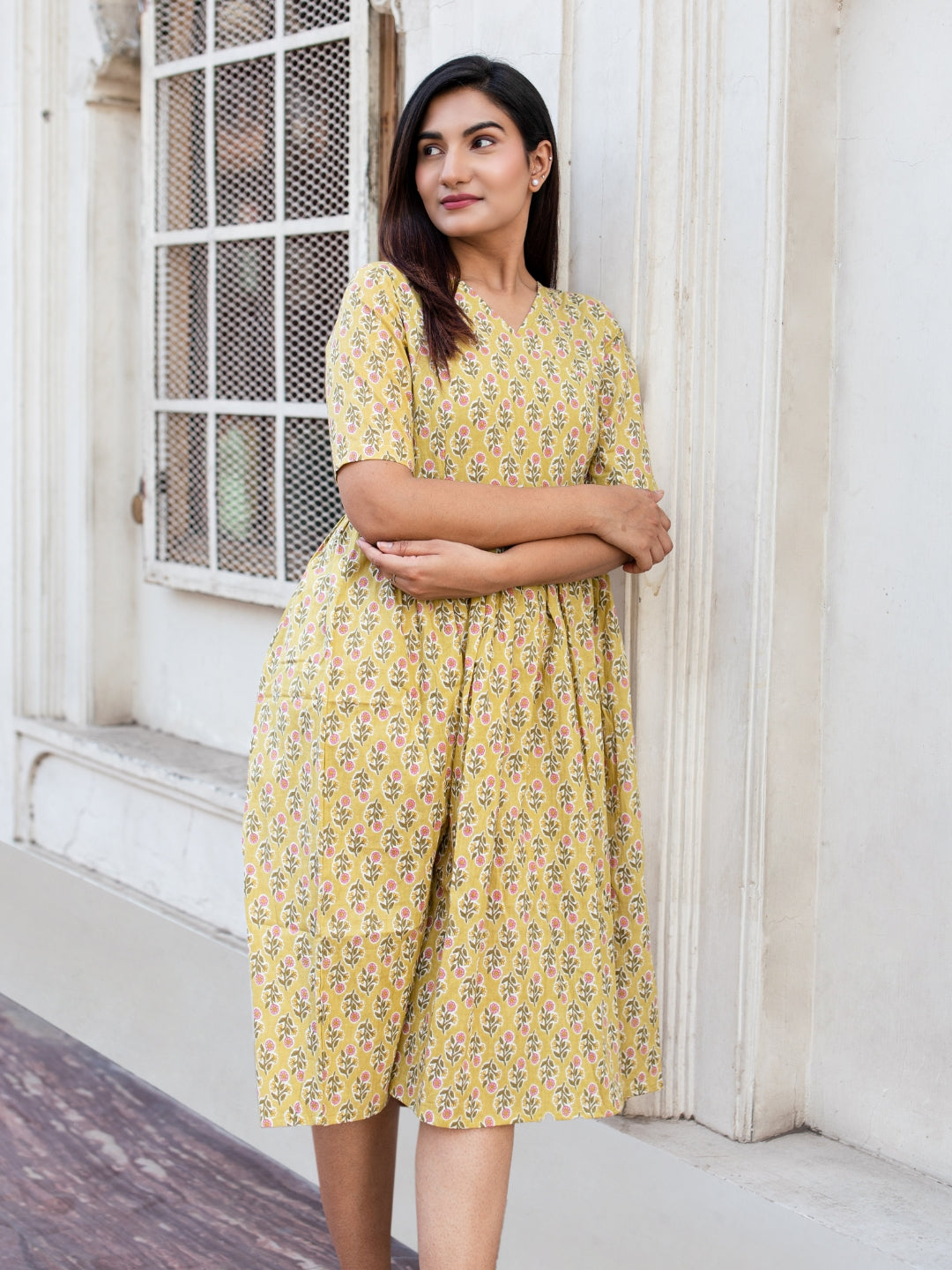 Yellow Printed Flared Cotton Dress