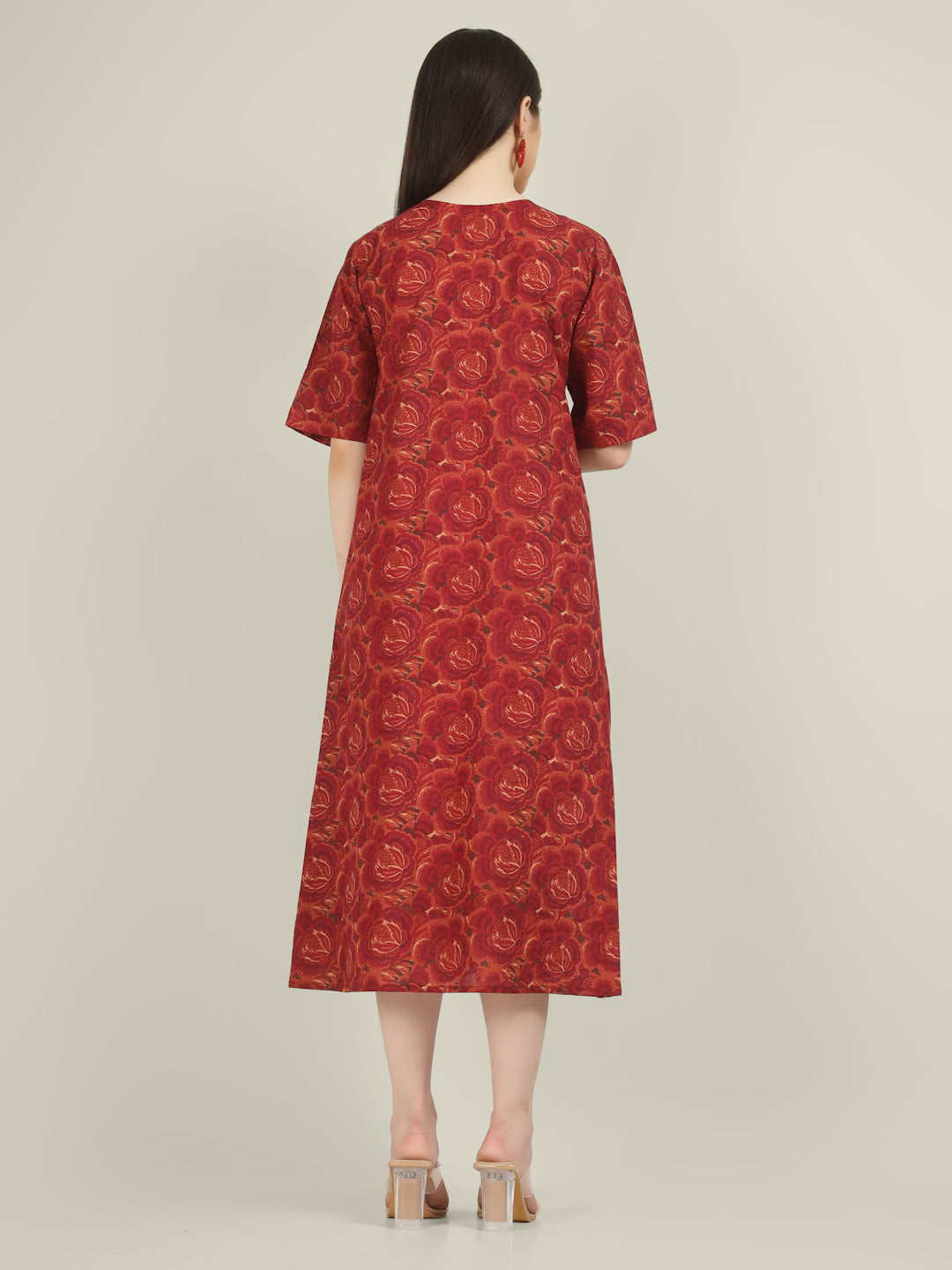 Pink Printed Half-Sleeve A-Line Cotton Dress