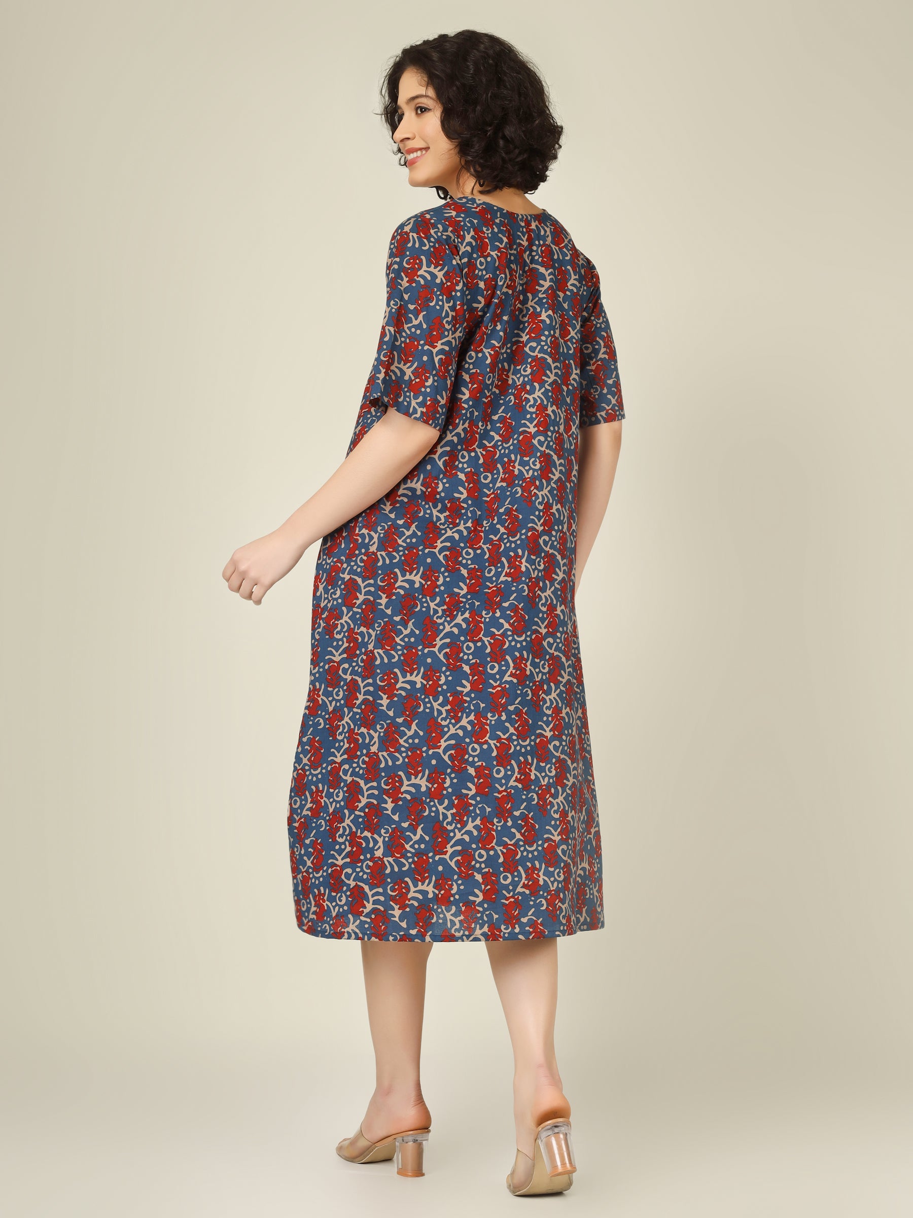 Blue Printed Half-Sleeve A-Line Cotton Dress