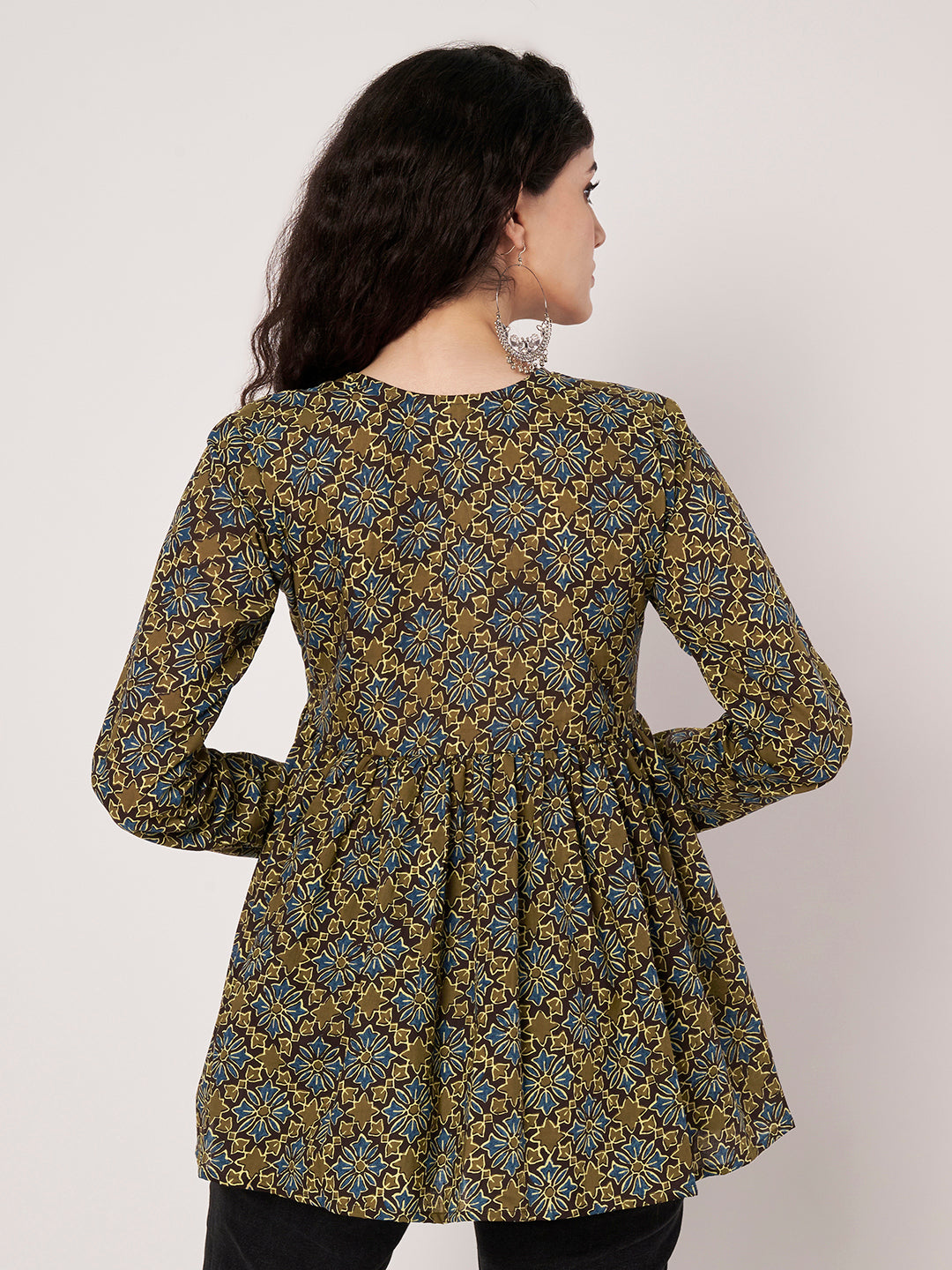 Brown Printed Alia-Cut Cotton Top