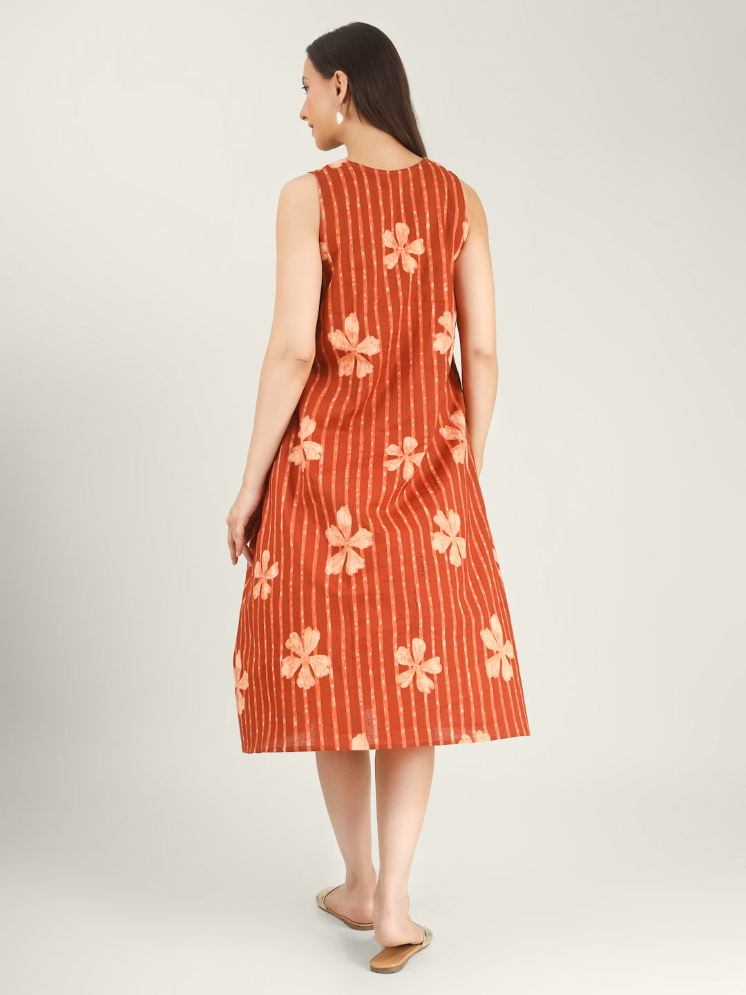 Orange Printed Sleeveless V-Neck A-Line Cotton Dress