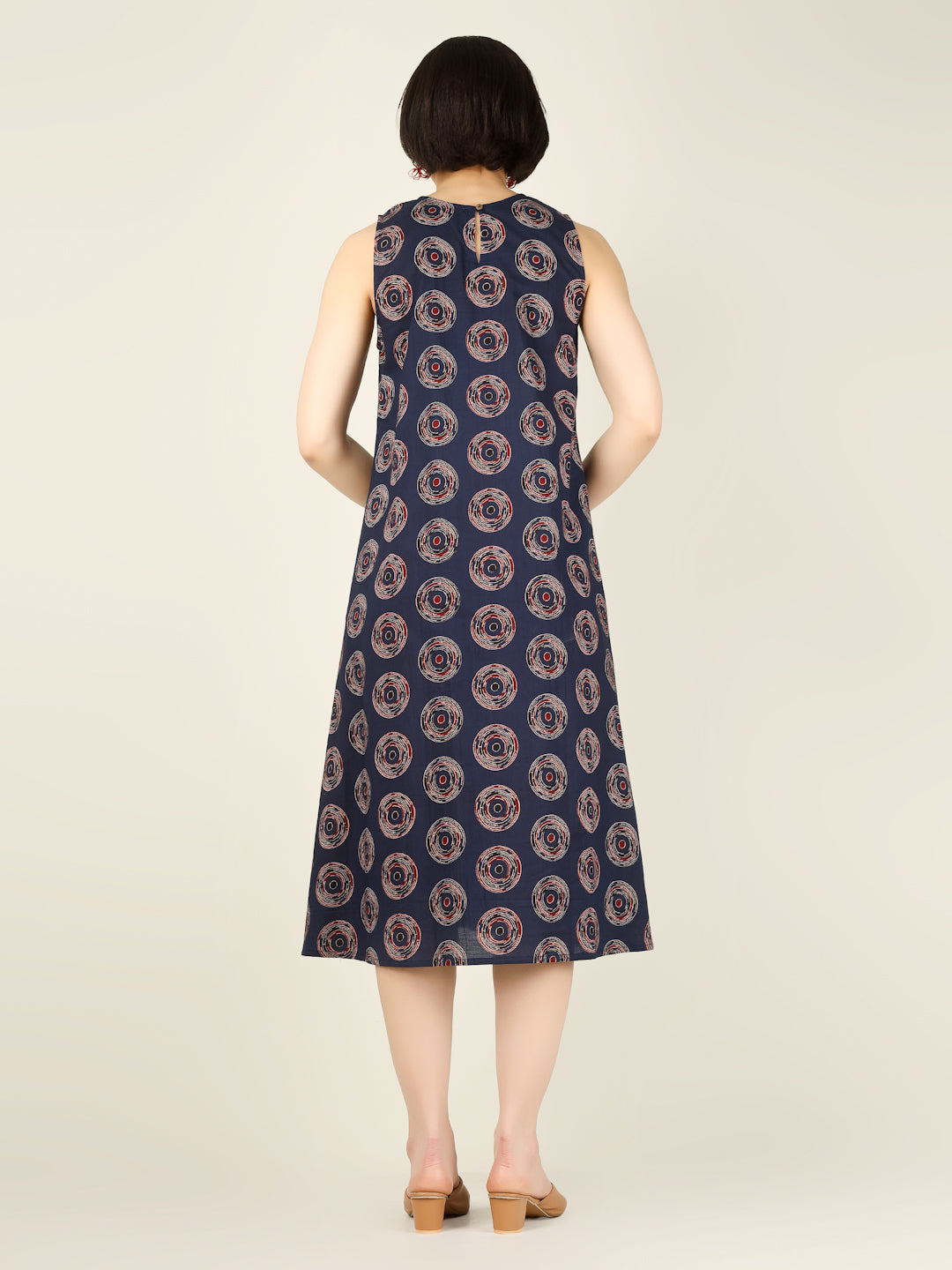 Navy Blue Printed Sleeveless A-Line Cotton Dress