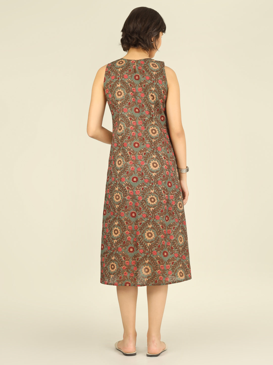 Green Printed Sleeveless A-Line Cotton Dress