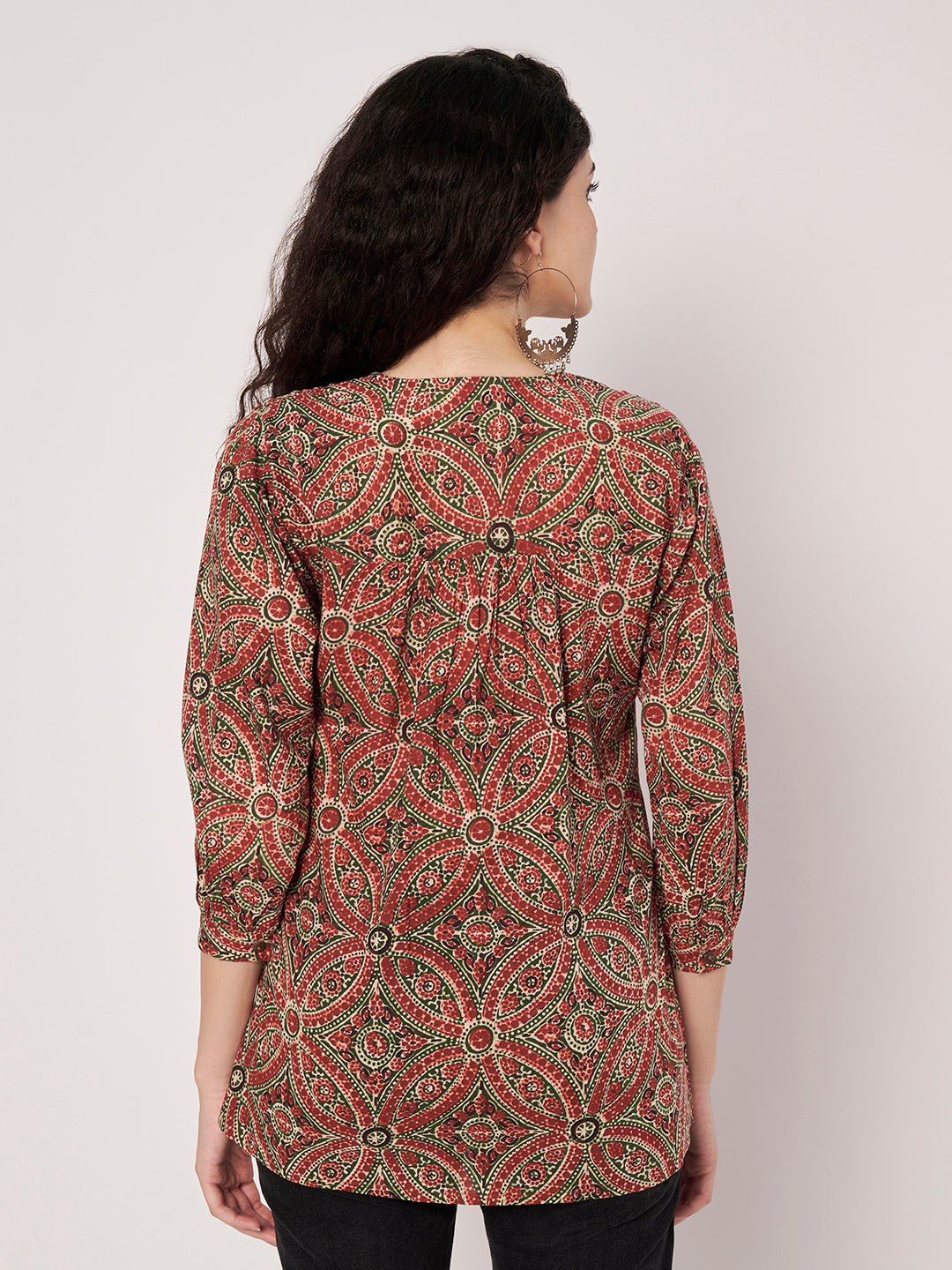 Maroon Printed V-Neck Cotton Top