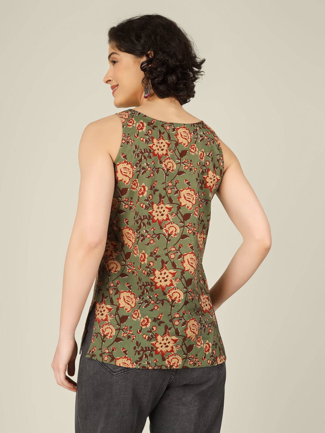 Green Printed Round Neck Sleeveless Cotton Top