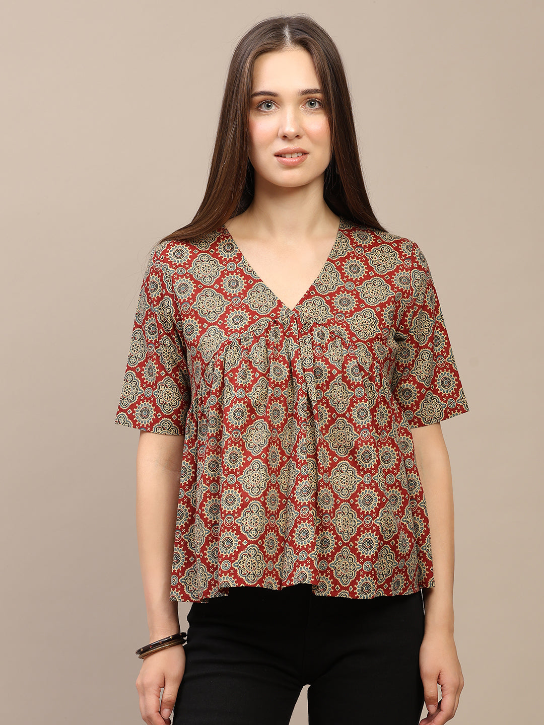 Maroon Printed Half-Sleeve Alia-Cut Cotton Top