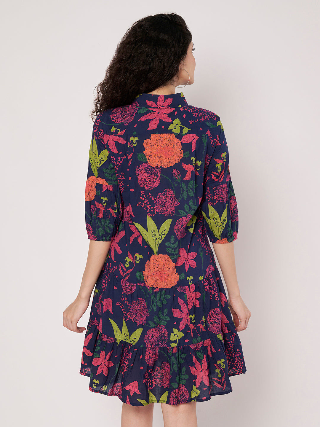 Blue Printed Short Cotton Dress