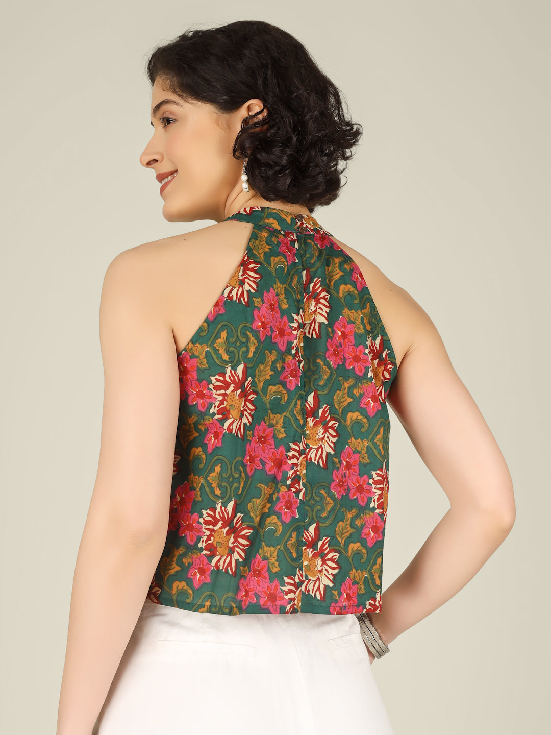 Dark Green Printed Halter Neck Sleeveless Cotton Top