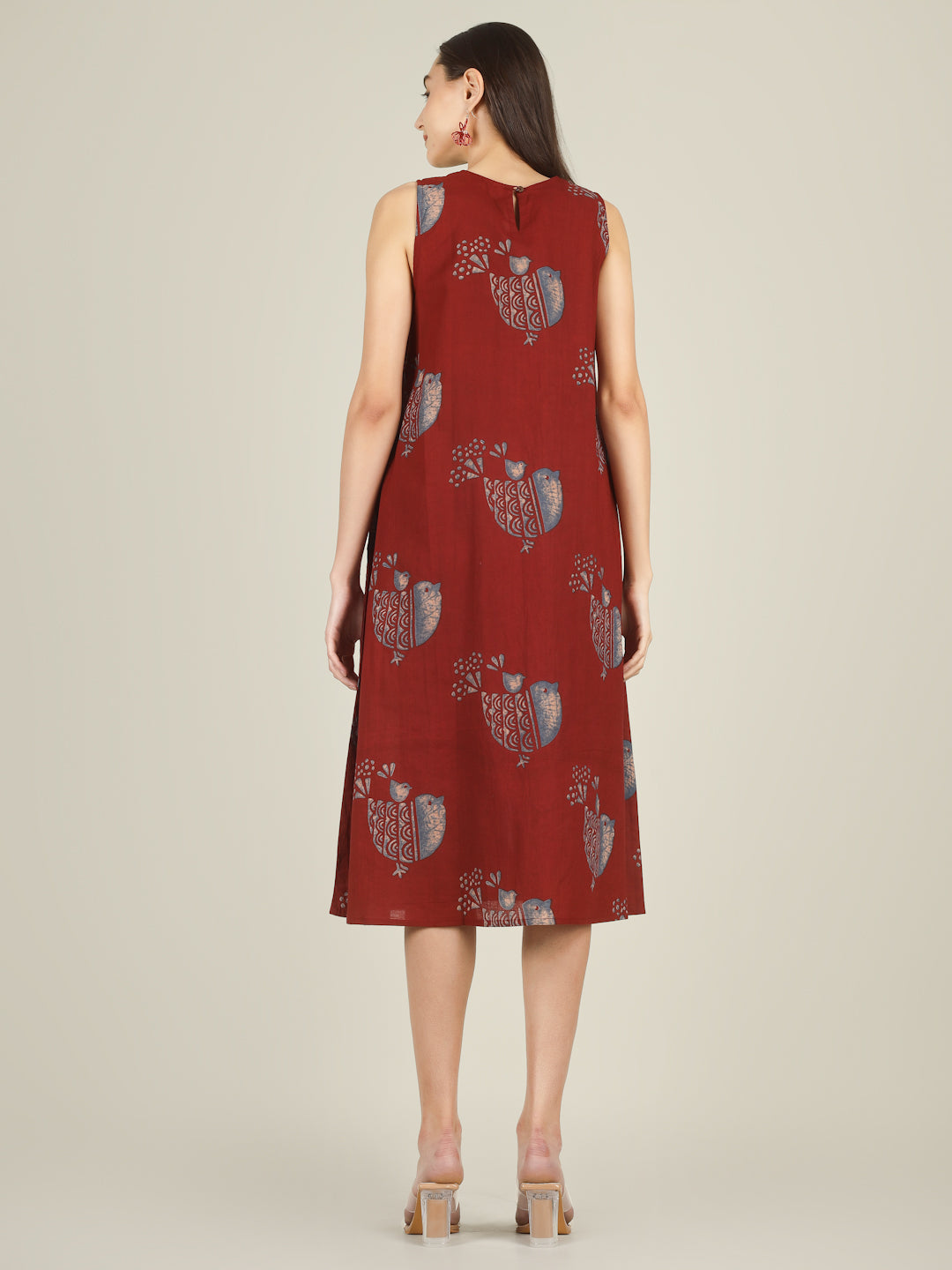 Red Printed Sleeveless A-Line Cotton Dress