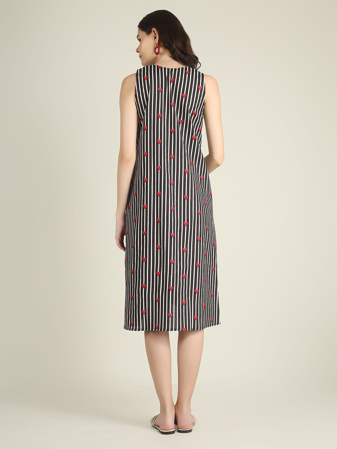 Black Striped Sleeveless V-Neck A-Line Cotton Dress