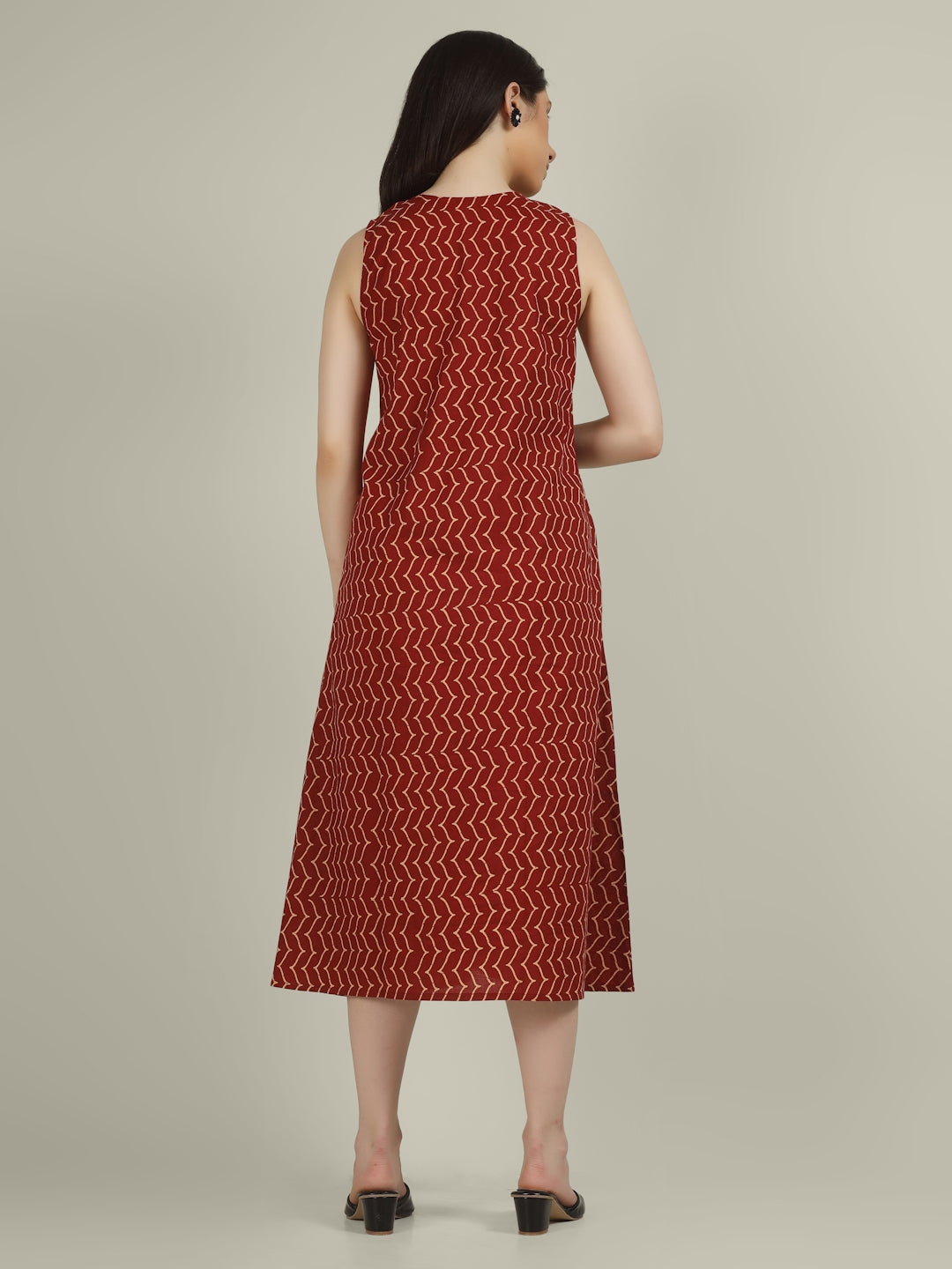 Rust Printed V-Neck Sleeveless A-Line Cotton Dress