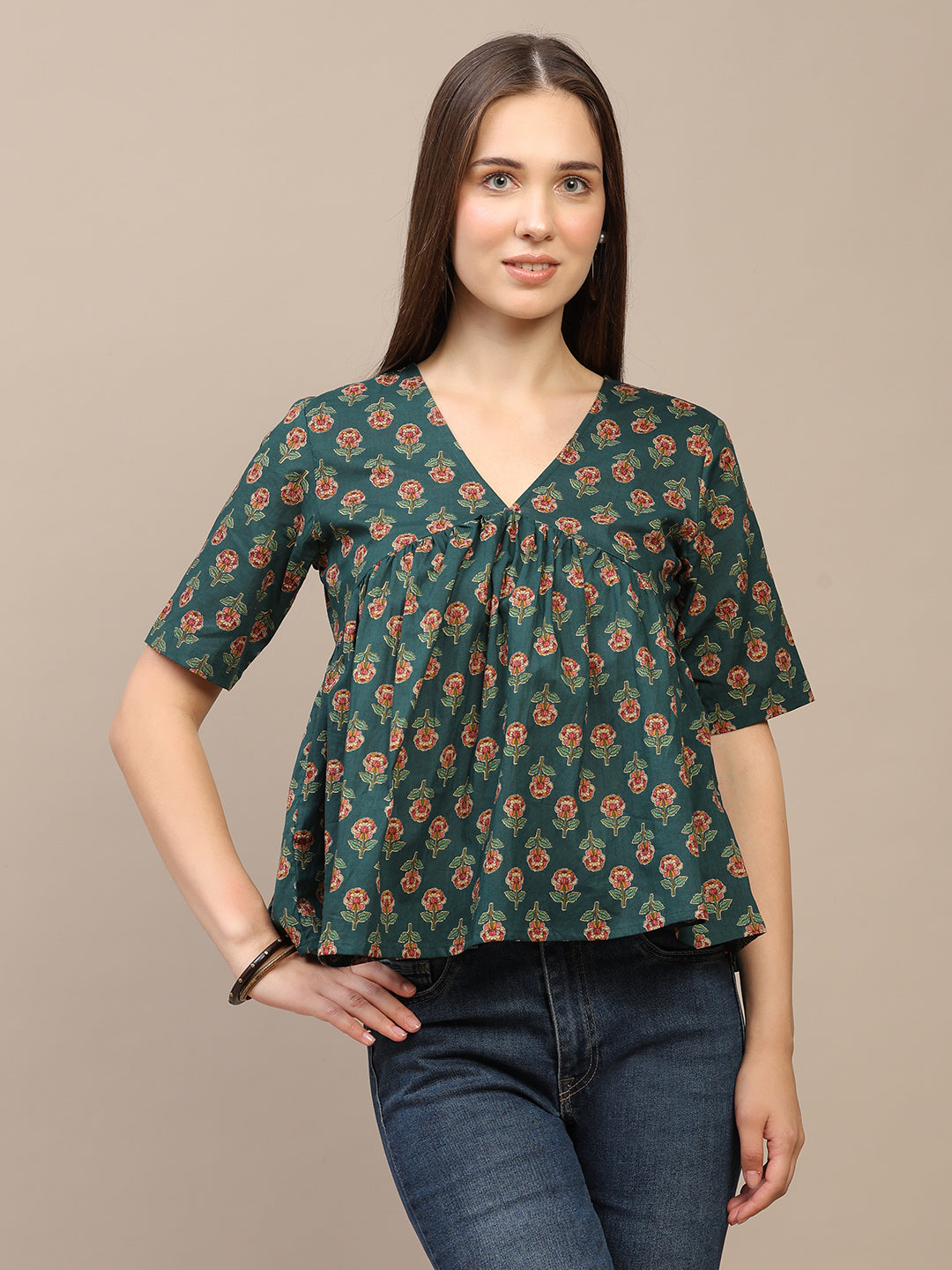 Dark Green Printed Half-Sleeve Alia-Cut Cotton Top