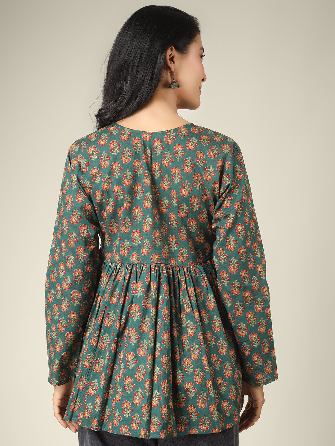Green Printed Alia-Cut Cotton Peplum Top