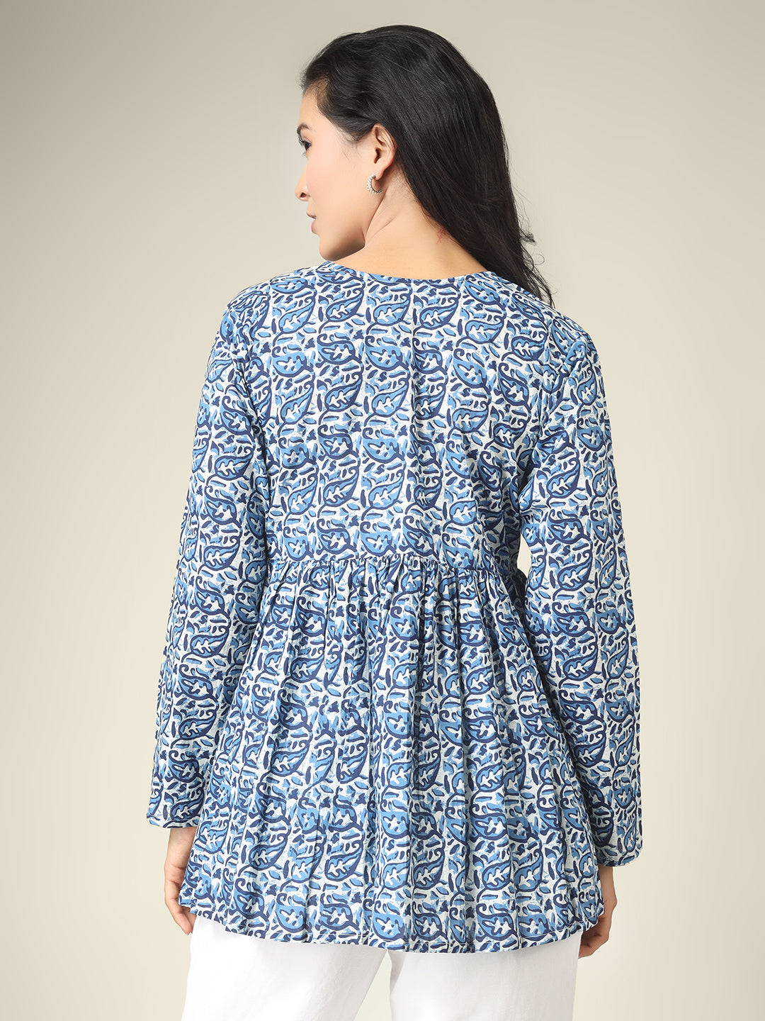 Blue Printed Alia-Cut Cotton Peplum Top