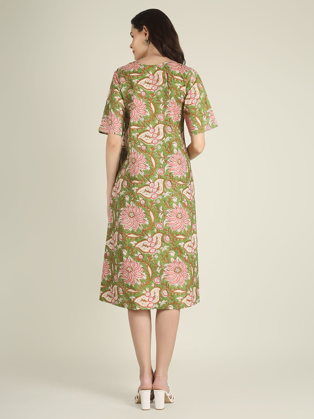 Green Printed Half-Sleeve A-Line Cotton Dress