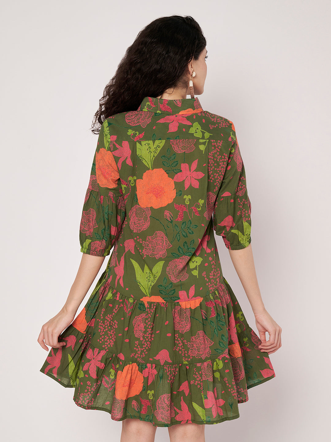 Green Printed Short Cotton Dress