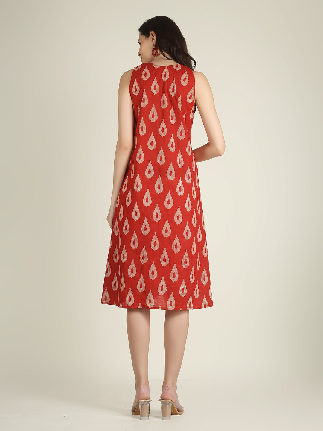 Red Printed Sleeveless V-Neck A-Line Cotton Dress