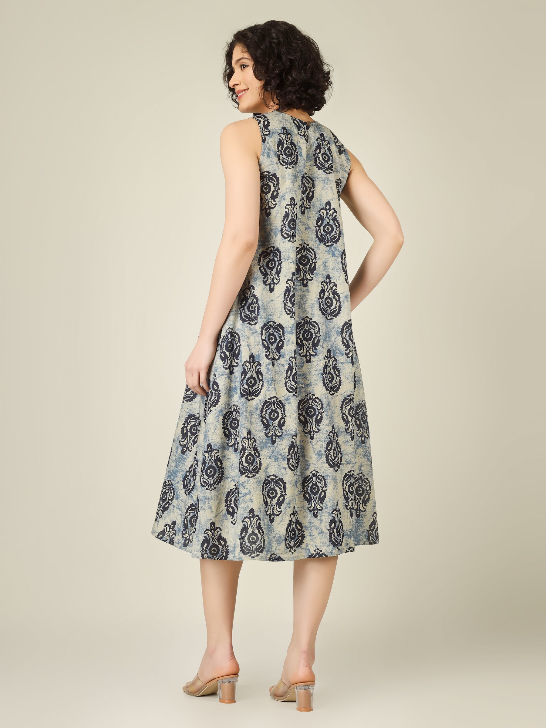 Off-Blue Printed Sleeveless A-Line Cotton Dress