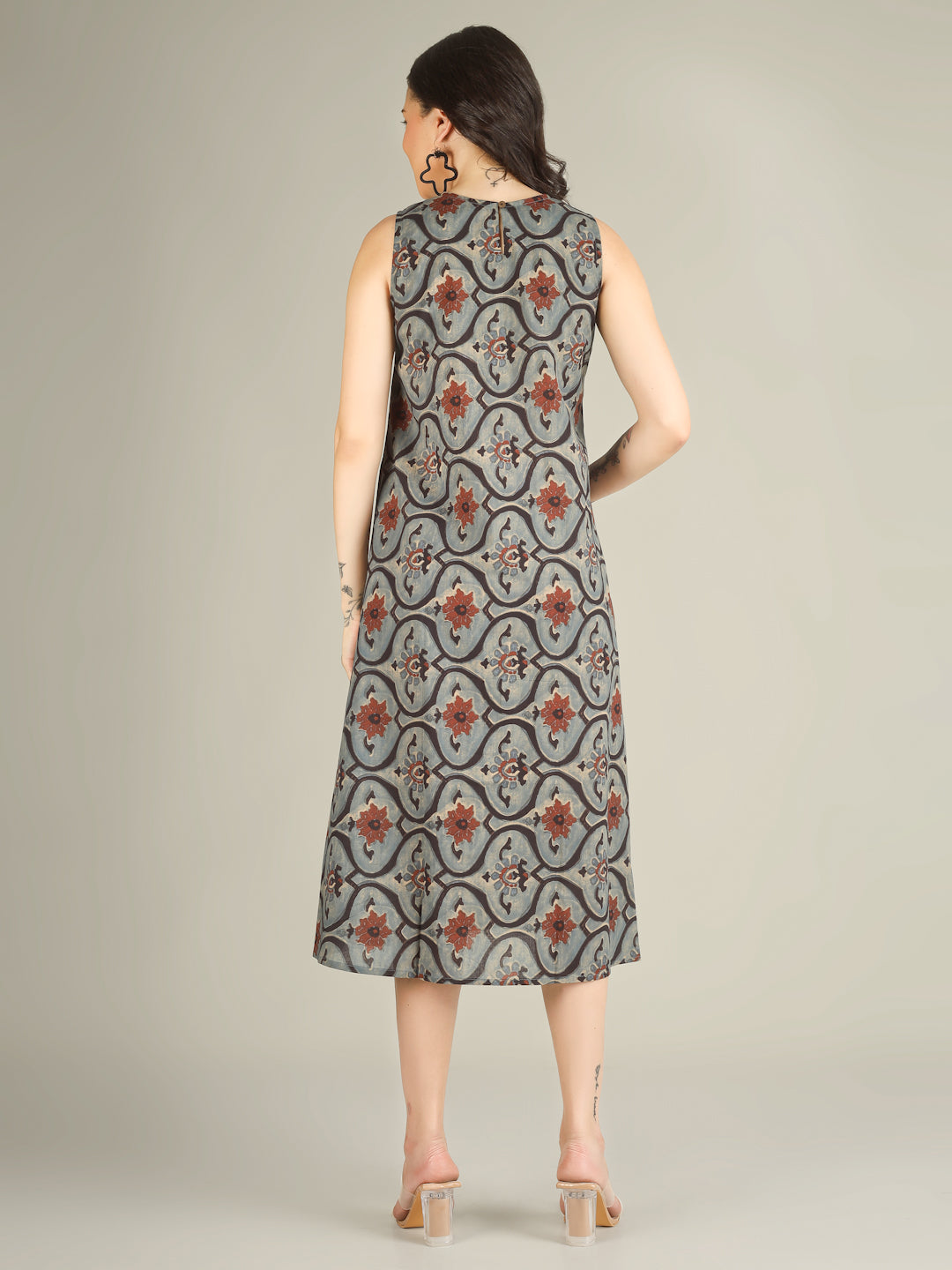 Dusty Blue Printed Sleeveless A-Line Cotton Dress