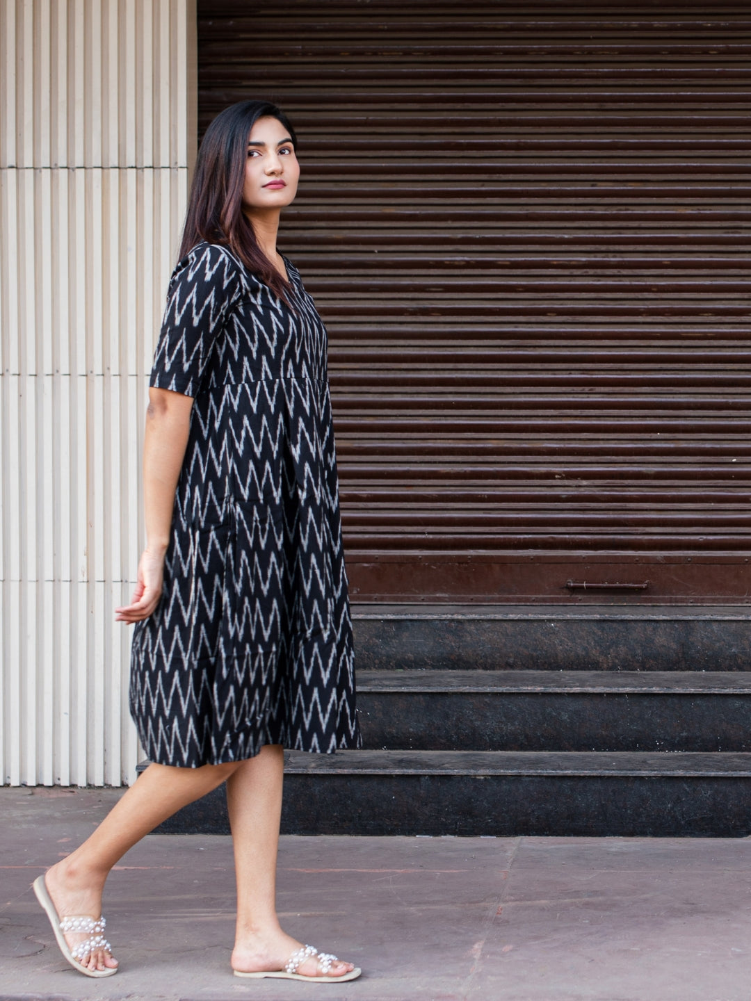 Handloom Cotton Black Ikkat Dress