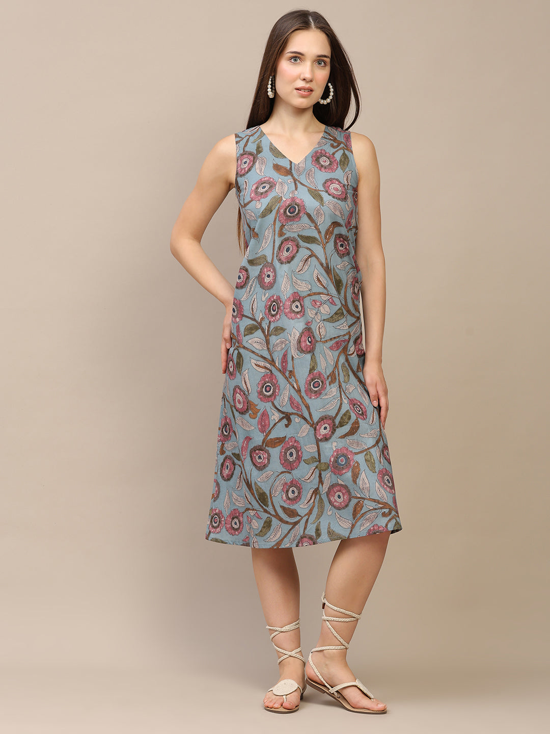 Slate Blue Printed V-Neck Sleeveless A-Line Cotton Dress