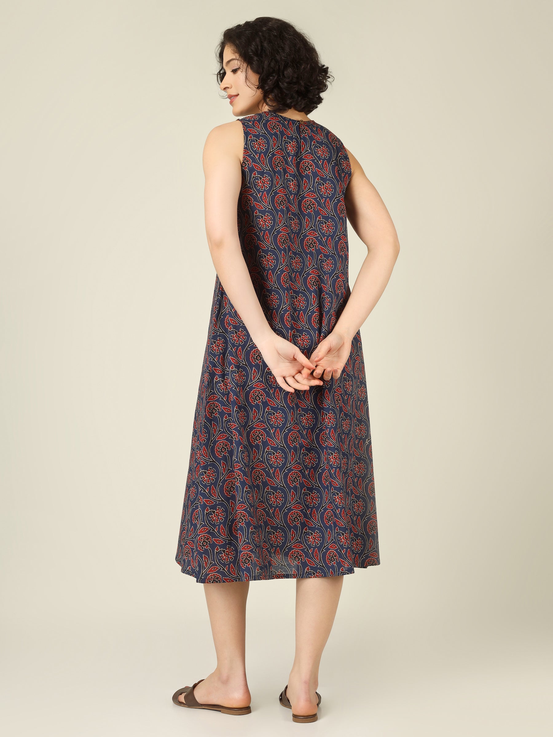 Navy Blue Printed Sleeveless A-Line Cotton Dress