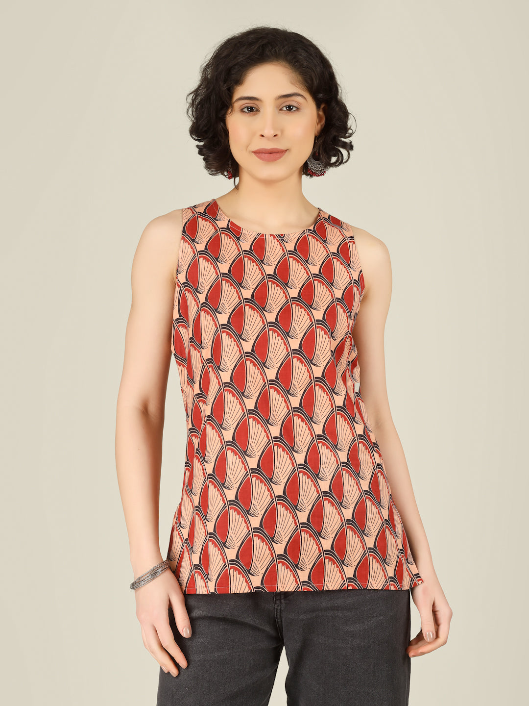 Red Printed Round Neck Sleeveless Cotton Top