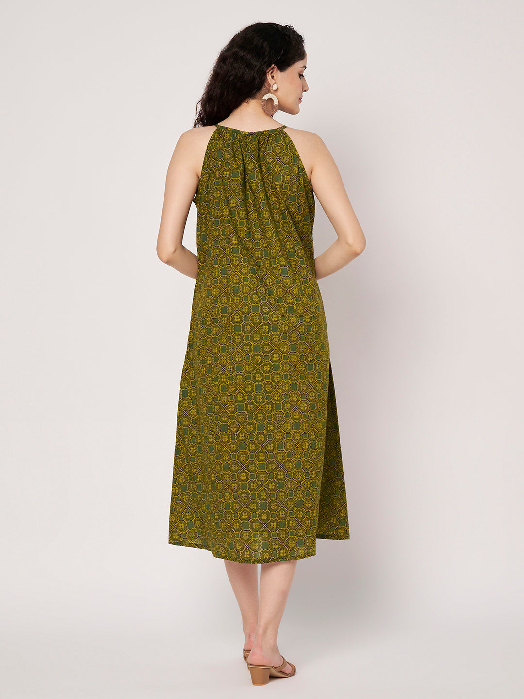 Green Printed Sleeveless A-Line Cotton Dress