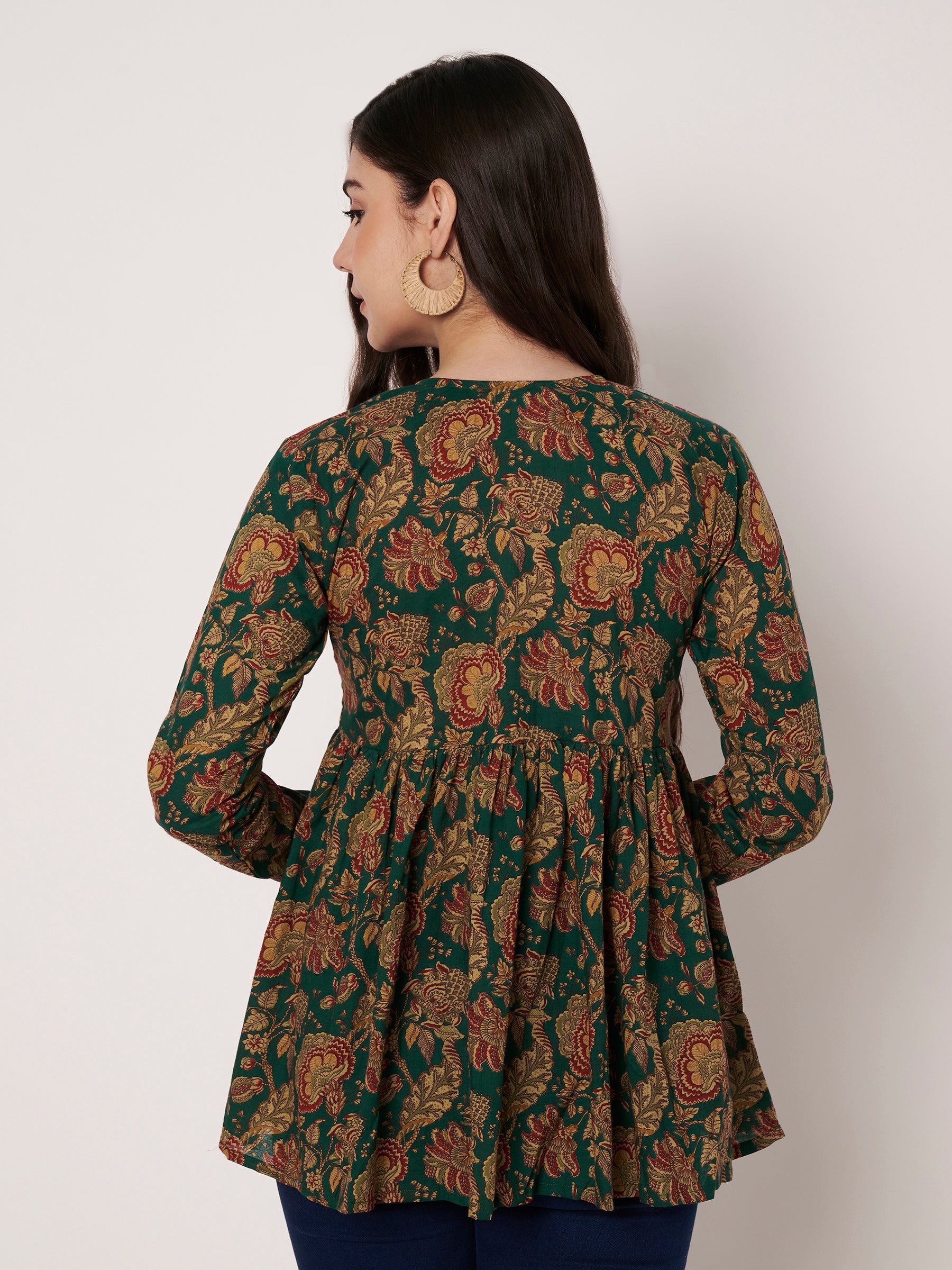 Dark Green Printed Alia-Cut Cotton Top