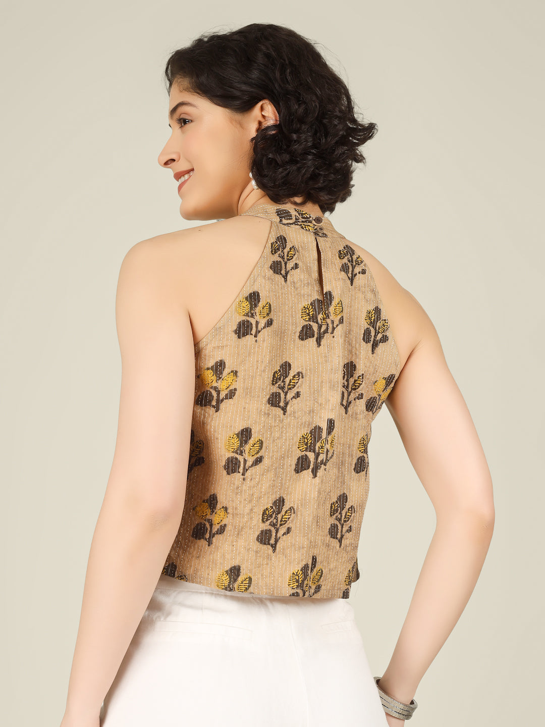 Beige Printed Halter Neck Sleeveless Cotton Top