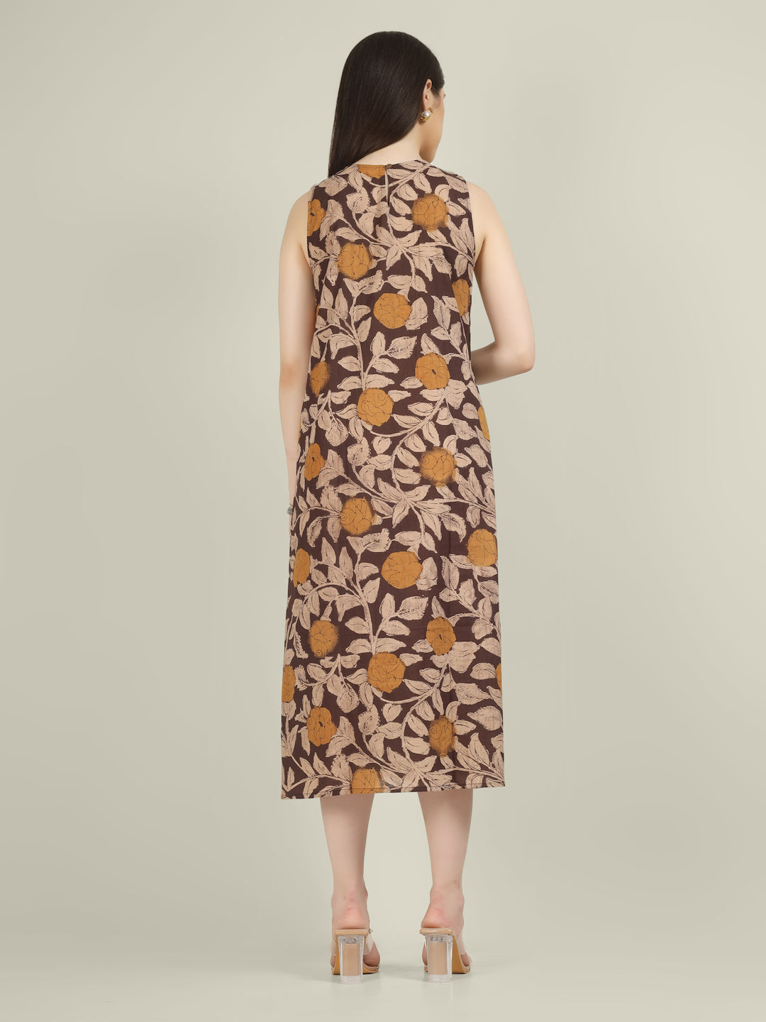 Brown Printed Sleeveless A-Line Cotton Dress