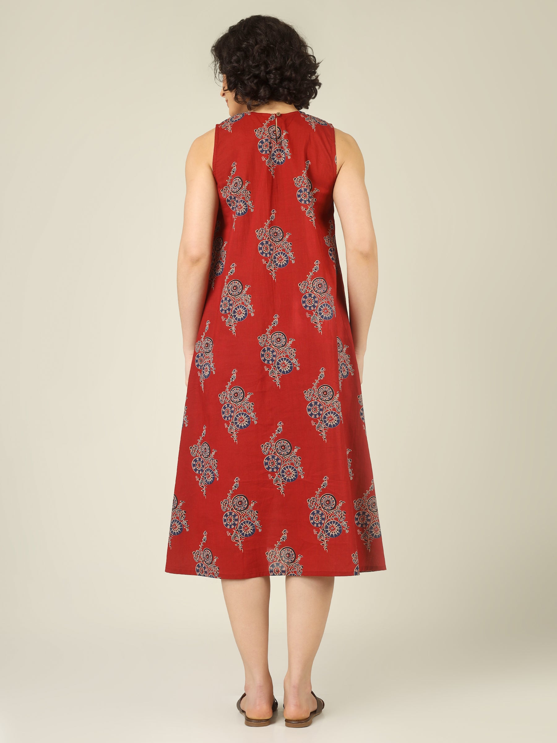 Red Printed Sleeveless A-Line Cotton Dress