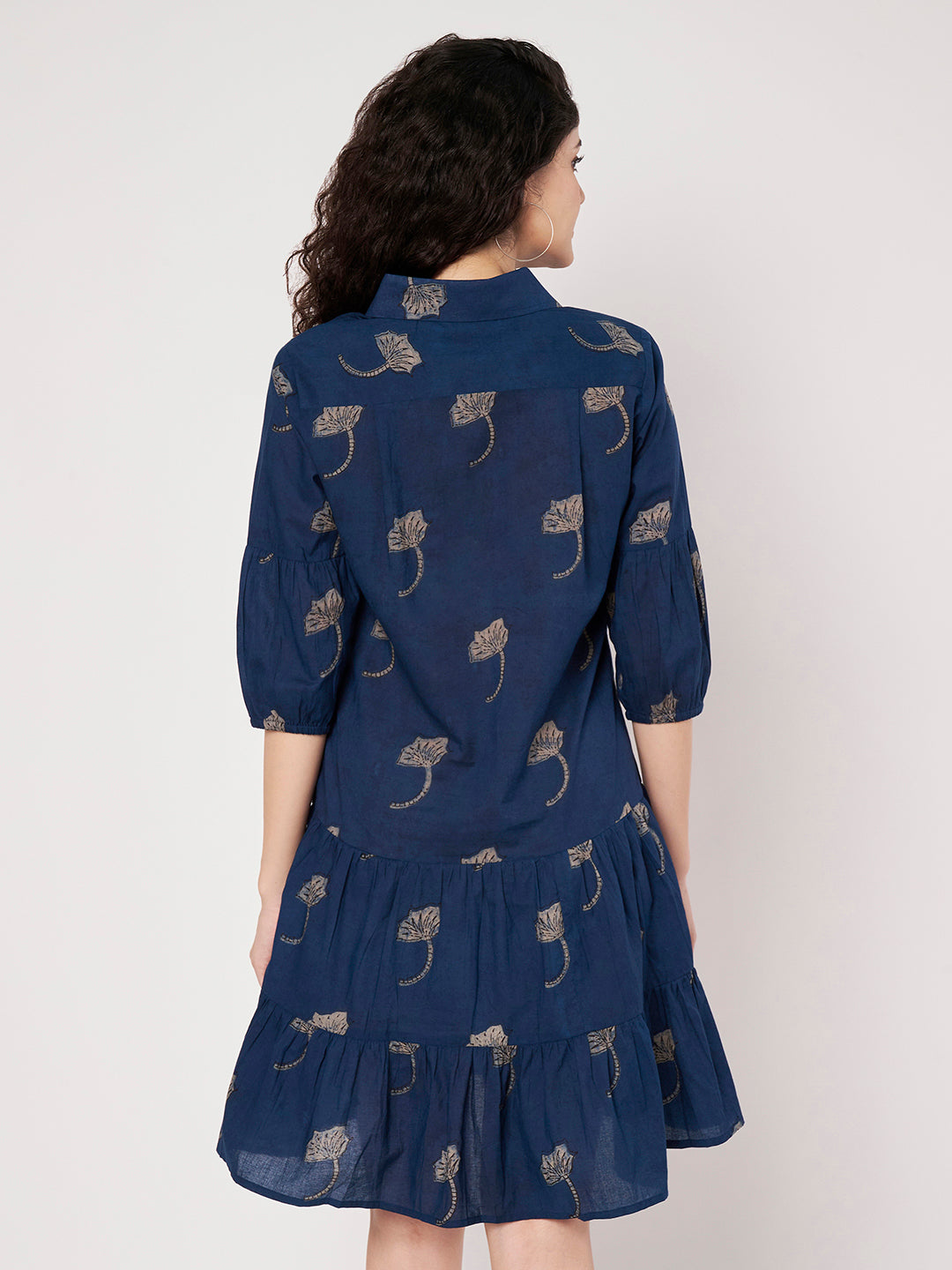 Navy Blue Printed Short Cotton Dress