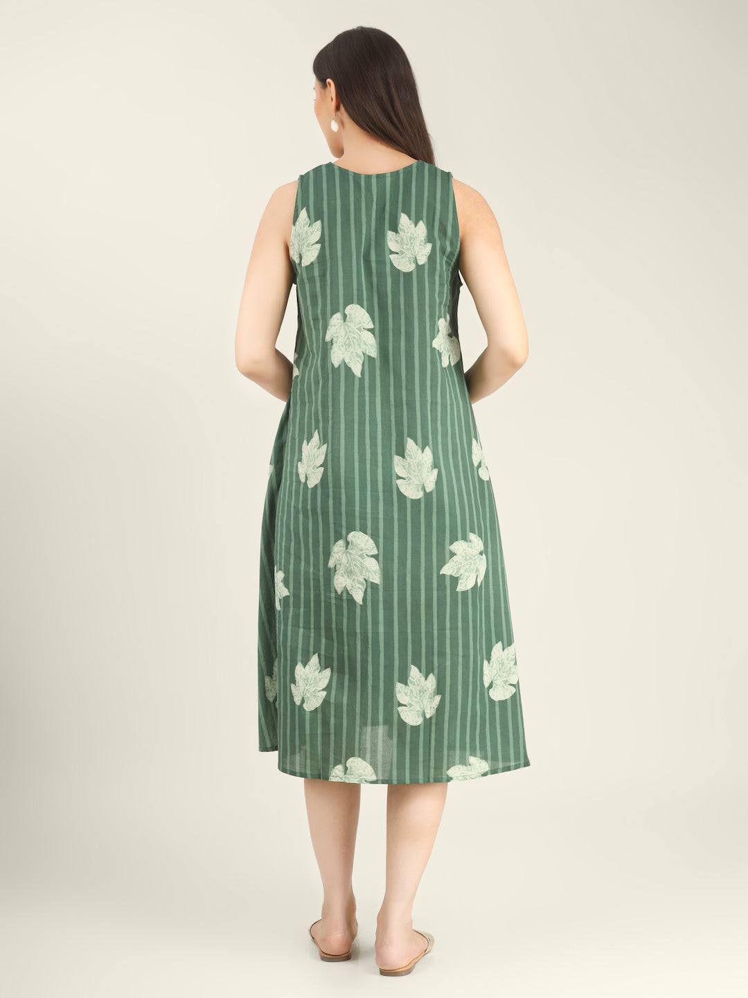 Green Printed Sleeveless V-Neck A-Line Cotton Dress