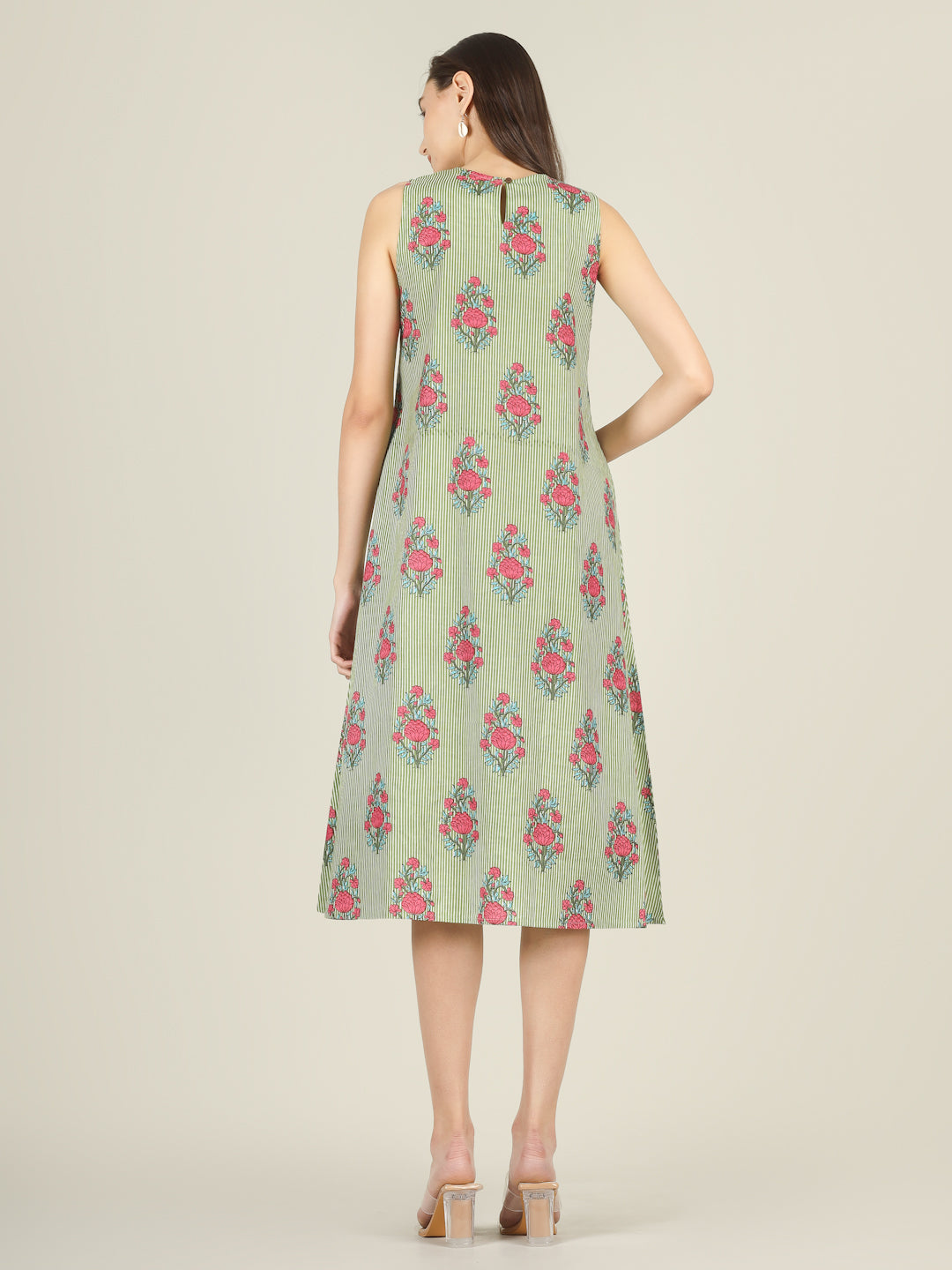 Green Striped Sleeveless A-Line Cotton Dress