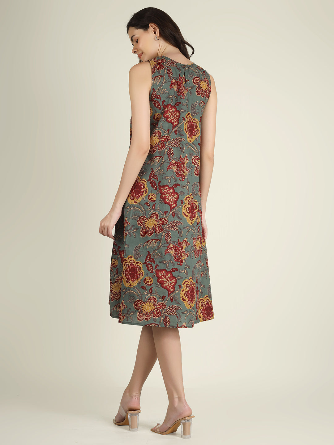 Green Printed Sleeveless A-Line Cotton Dress