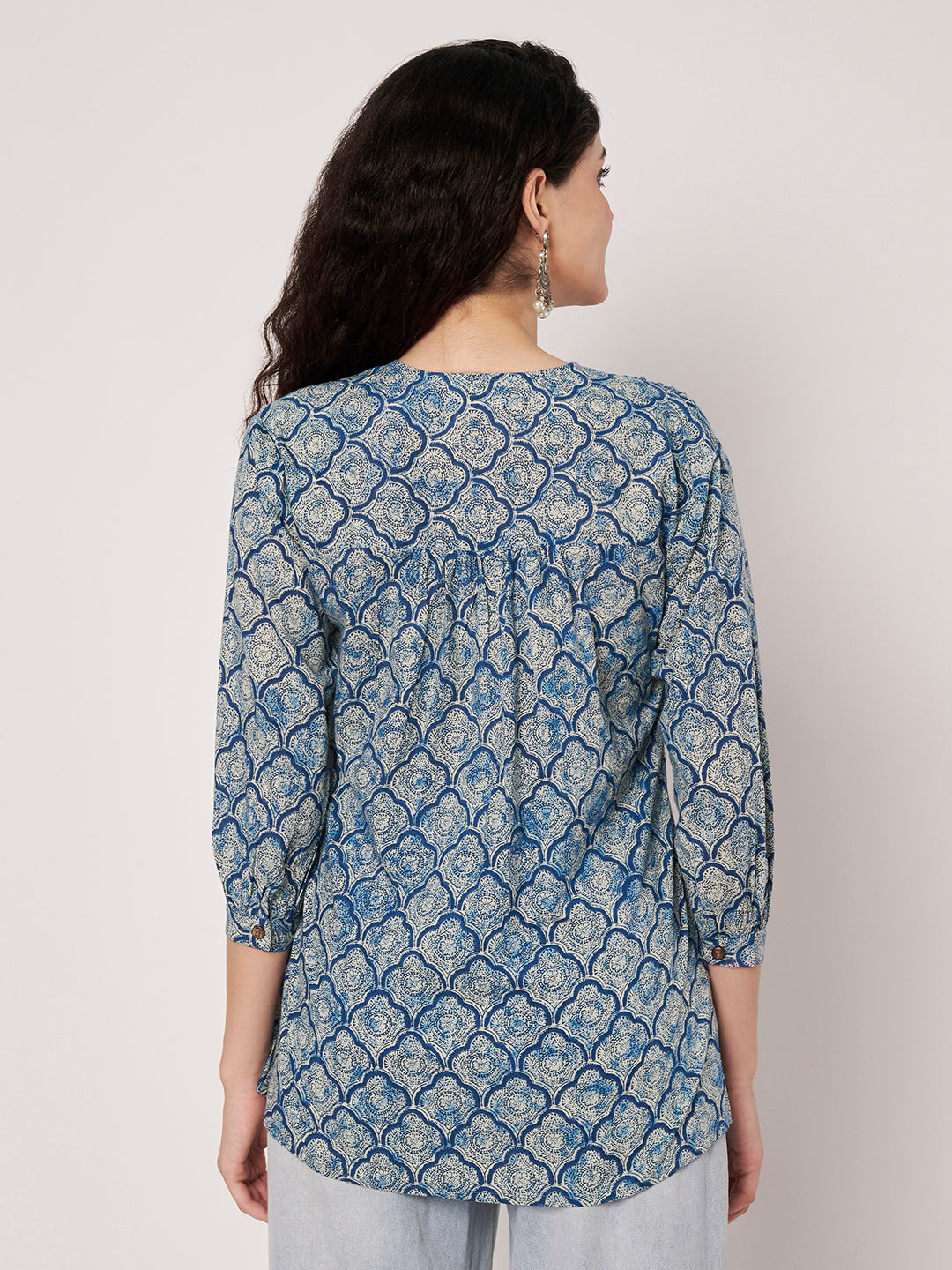 Light Blue Printed V-Neck Cotton Top
