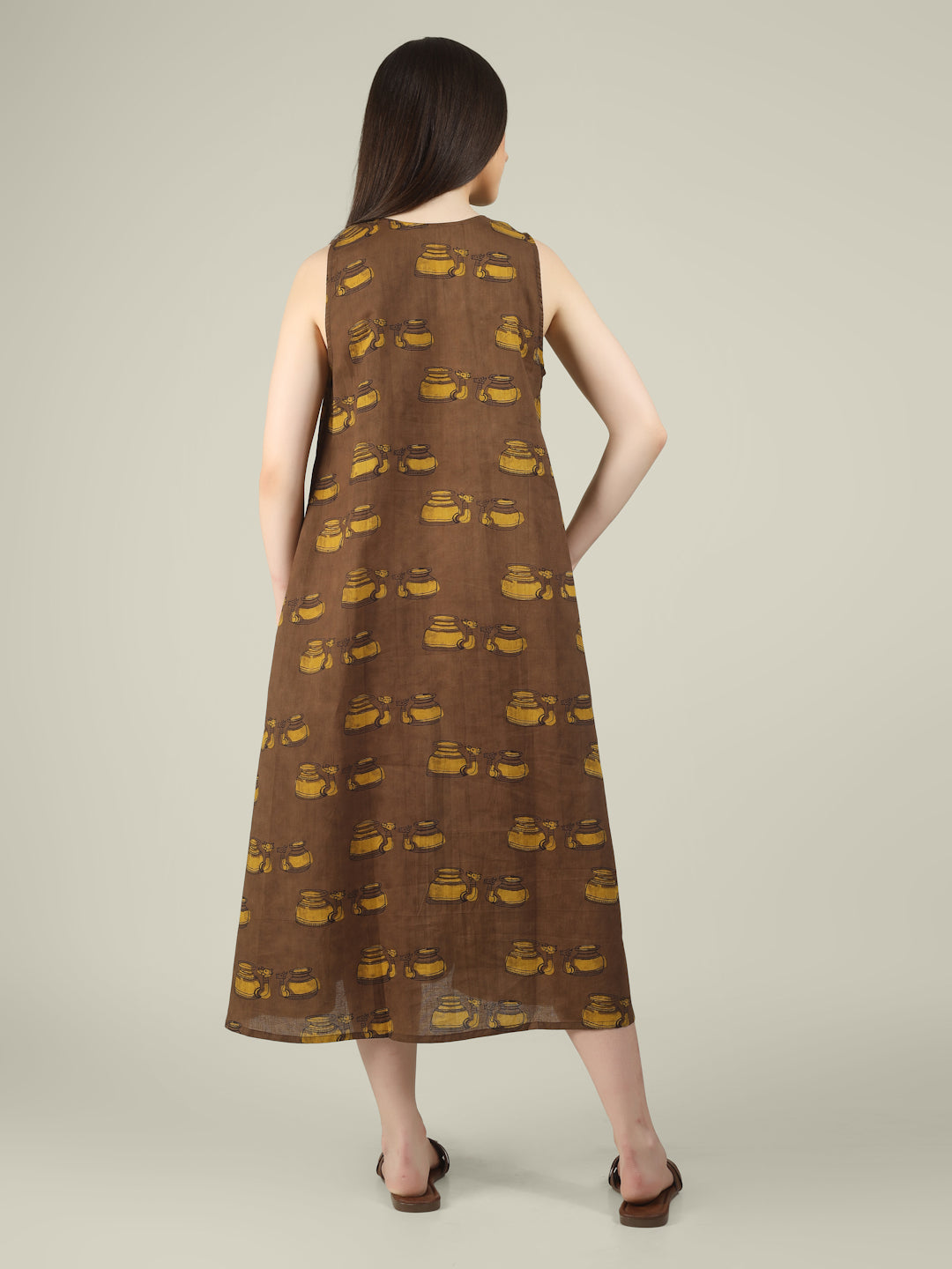Brown Printed V-Neck Sleeveless A-Line Cotton Dress