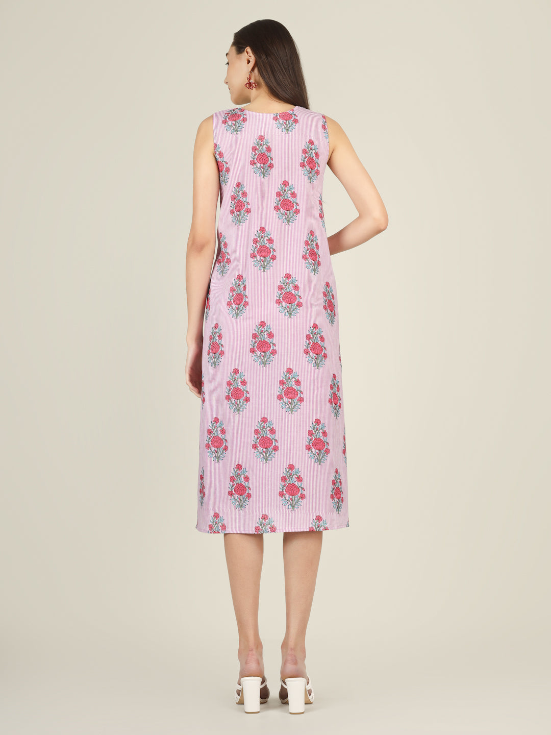 Baby Pink Striped V-Neck Sleeveless A-Line Cotton Dress