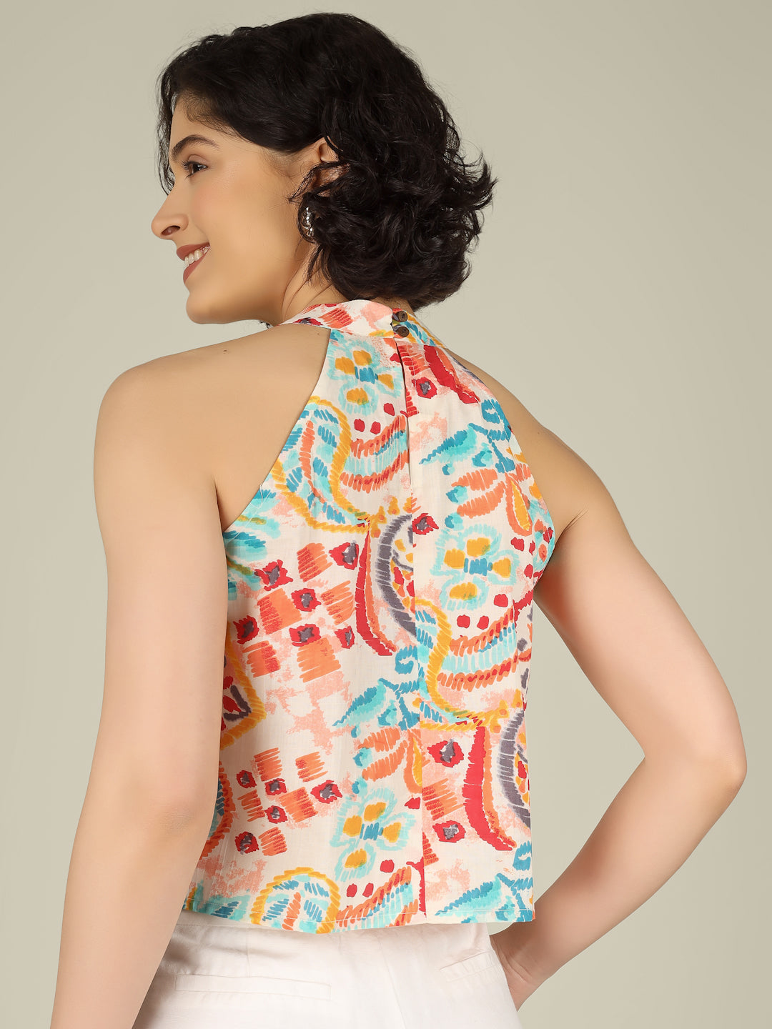 White Printed Halter Neck Sleeveless Cotton Top