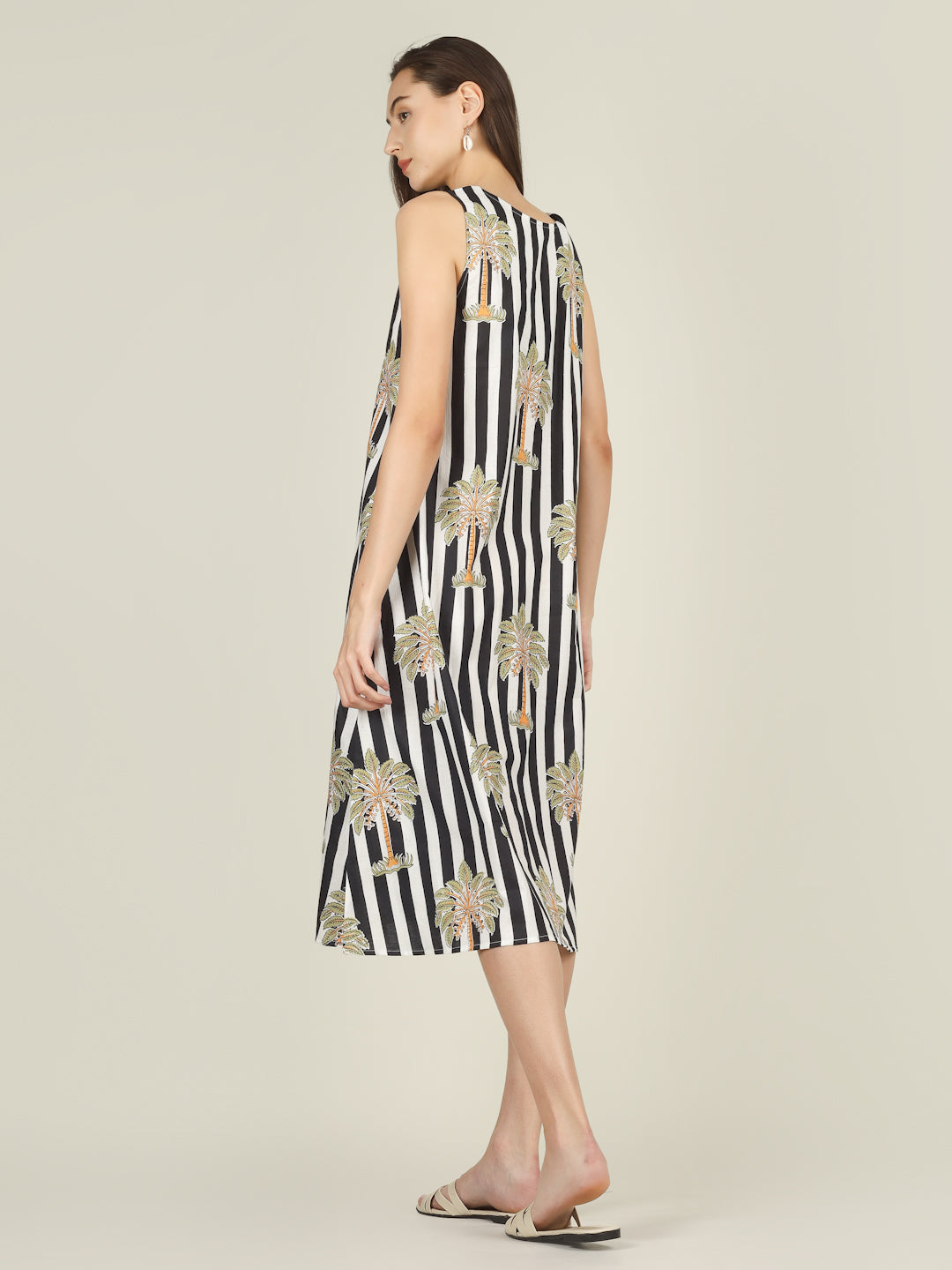 Black Striped V-Neck Sleeveless A-Line Cotton Dress