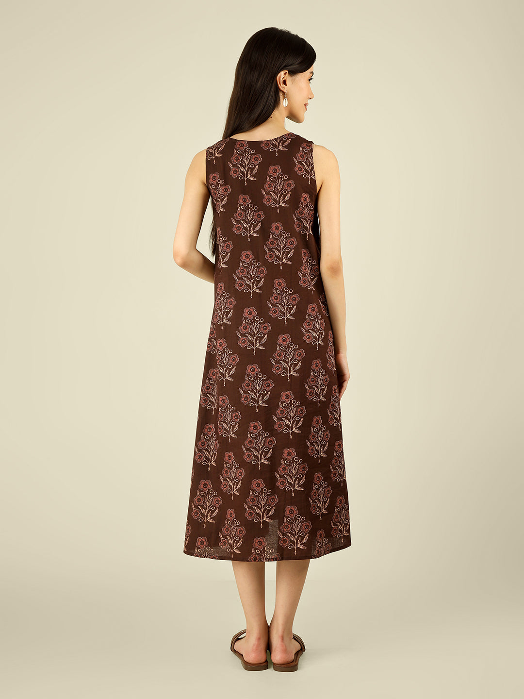 Brown Printed V-Neck Sleeveless A-Line Cotton Dress