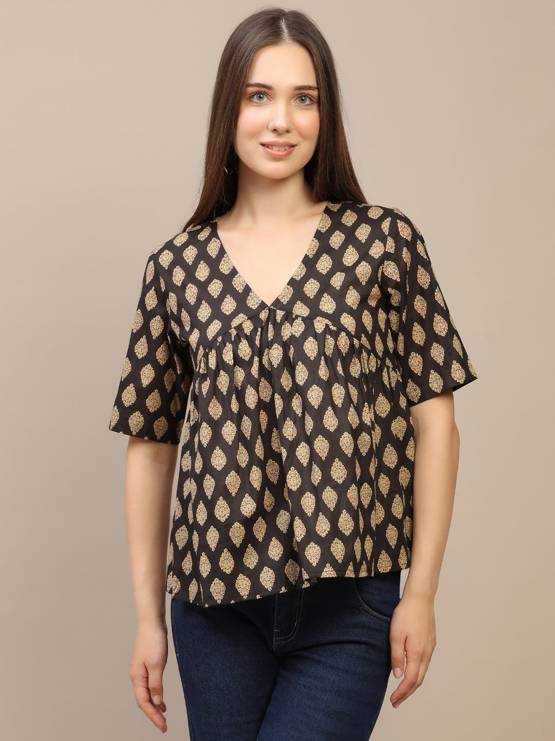 Black Printed Half-Sleeve Peplum Top